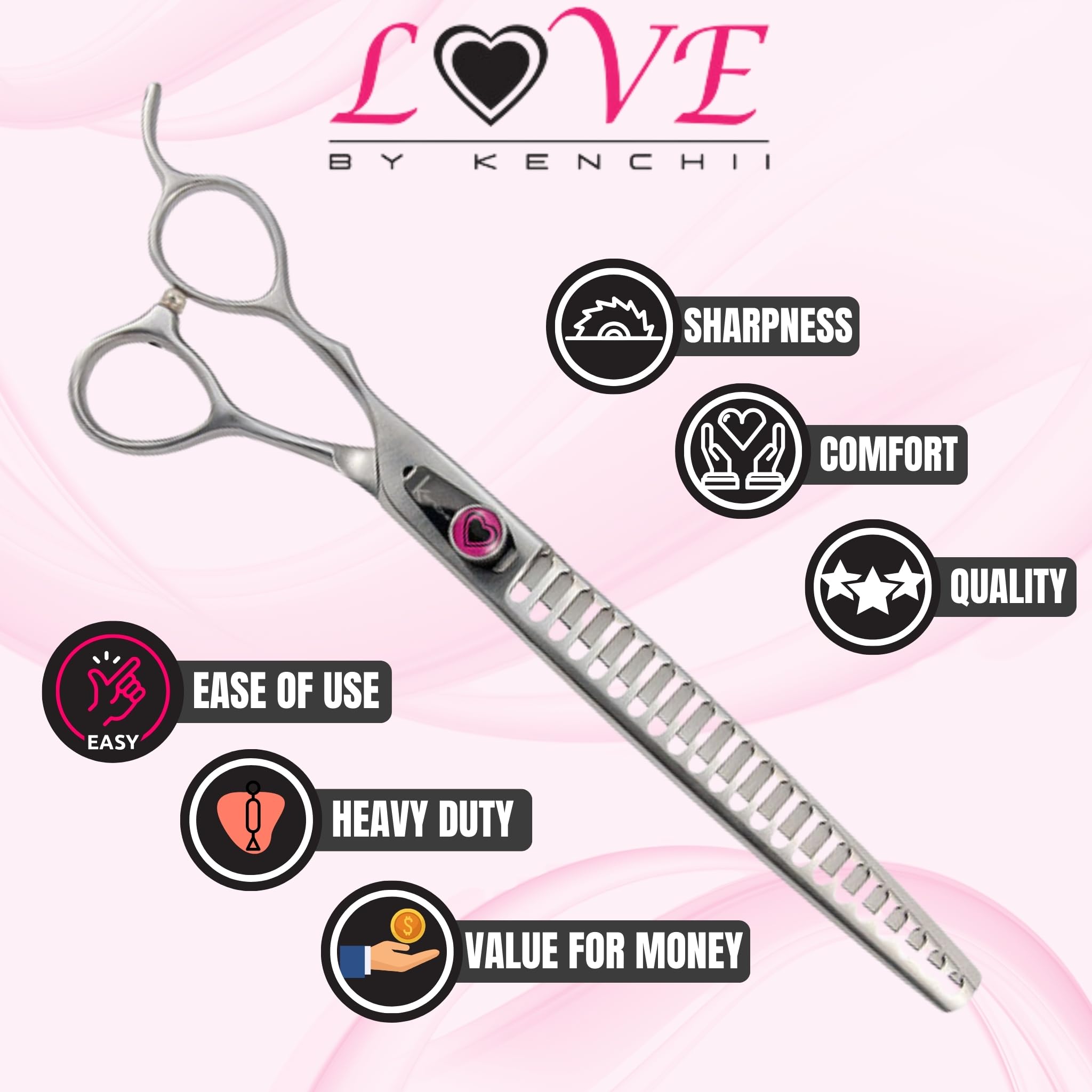 Kenchii Left Handed Dog Grooming Scissors | 22 Tooth Blender Dog Grooming Shears | Thinning Shears For All Dog Breeds | Pet Hair Blending Scissor | Pet Grooming Accessories | Love Collection
