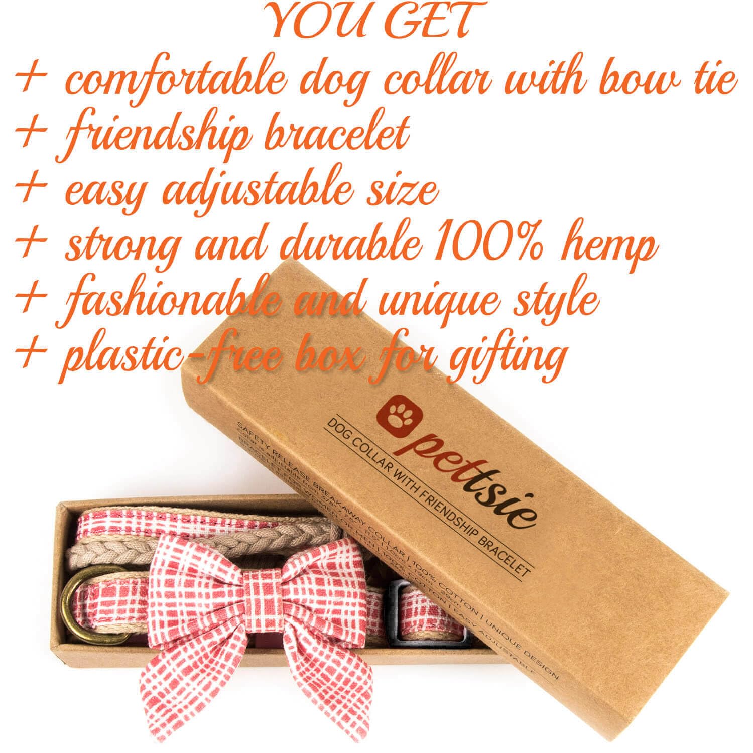 Pettsie Dog Collar, Bow Tie, Friendship Bracelet, 2 Easy Adjustable Sizes, Pet-Friendly Hemp, Comfortable And Soft For Sensitive Skin, Strong D-Ring For Accessories, Carton Box, S, Pink