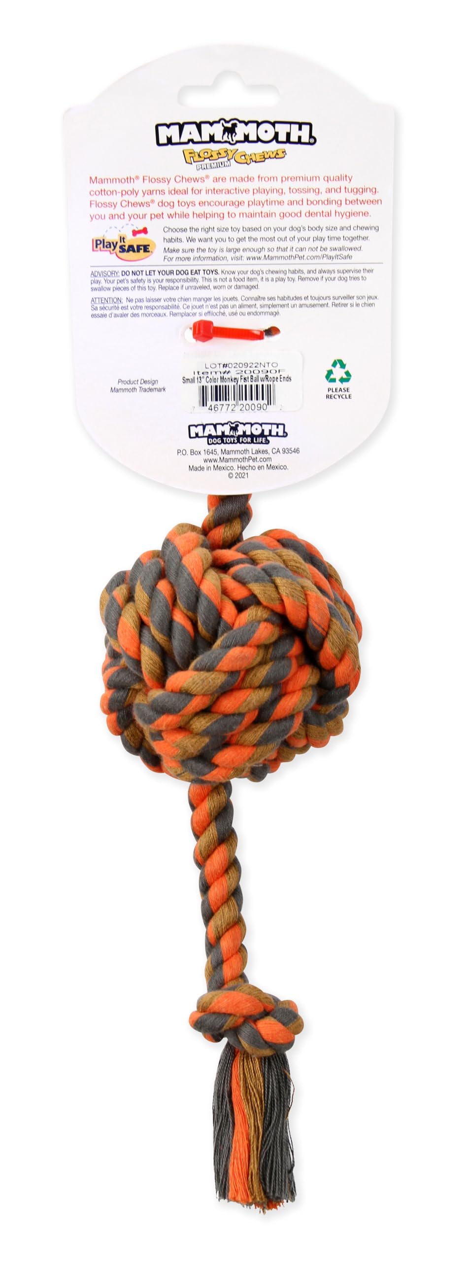 Mammoth Pet Products Flossy Chews Color Monkey Fist Ball With Rope Ends, Small, 13-Inch, Multicolored (20090F)