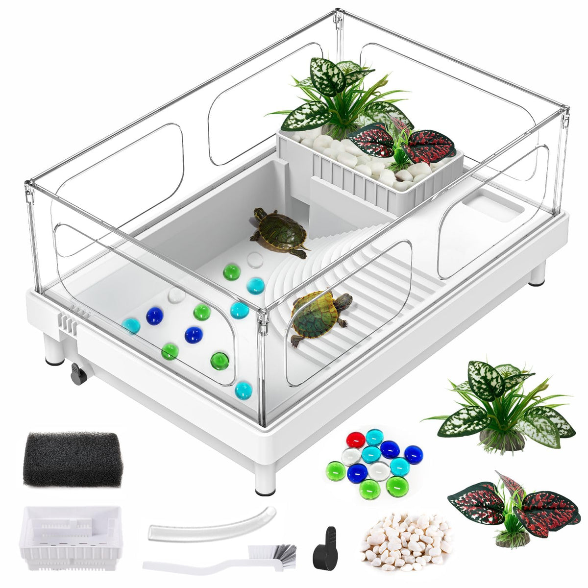 Gozilla Small Turtle Tank, Acrylic Turtle Tank Starter Kit, Reptile Habitat And Terrarium With Multi-Functional Areas For Tortoi