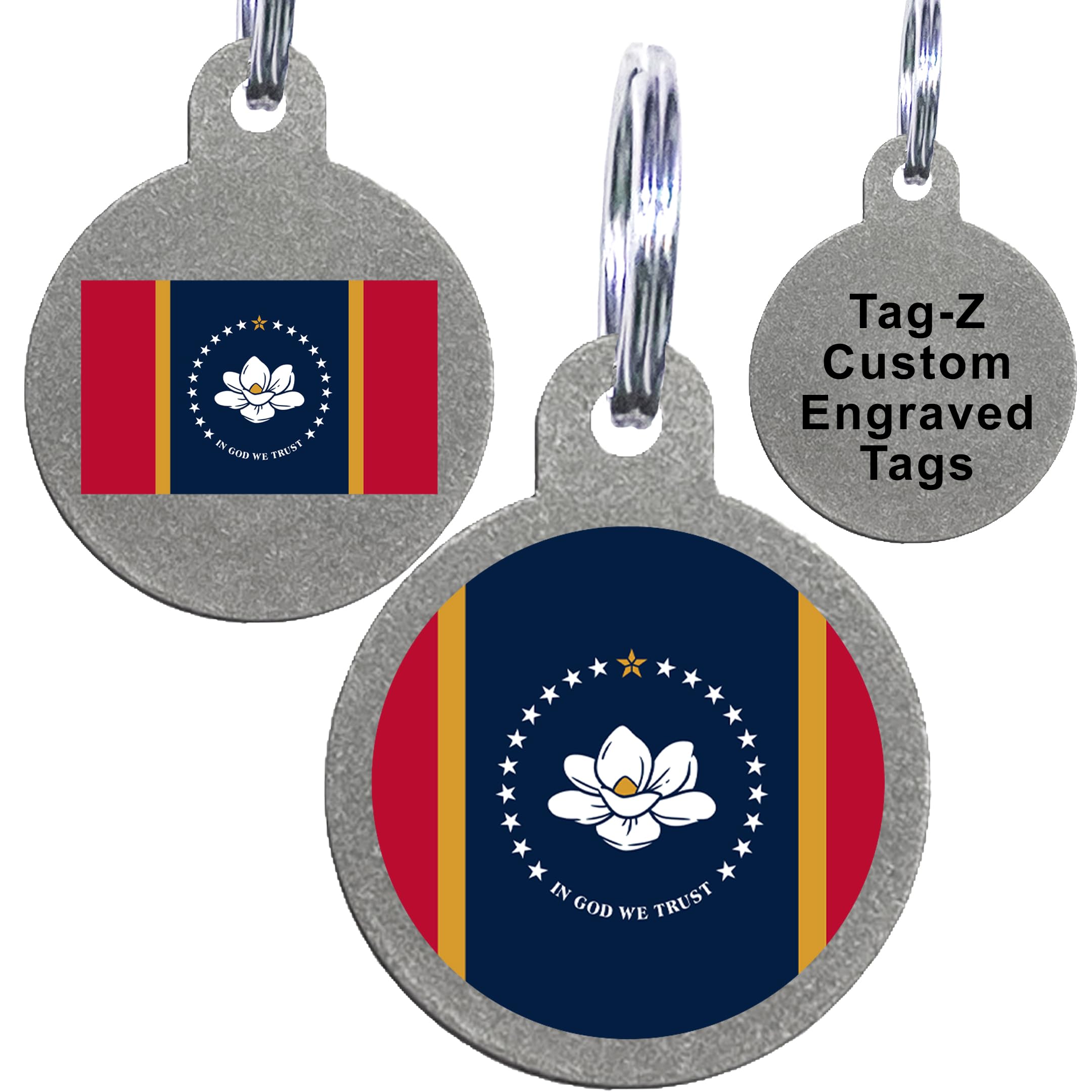 Mississippi Flag Pet Id Tags, Custom Printed And Laser Engraved Circle