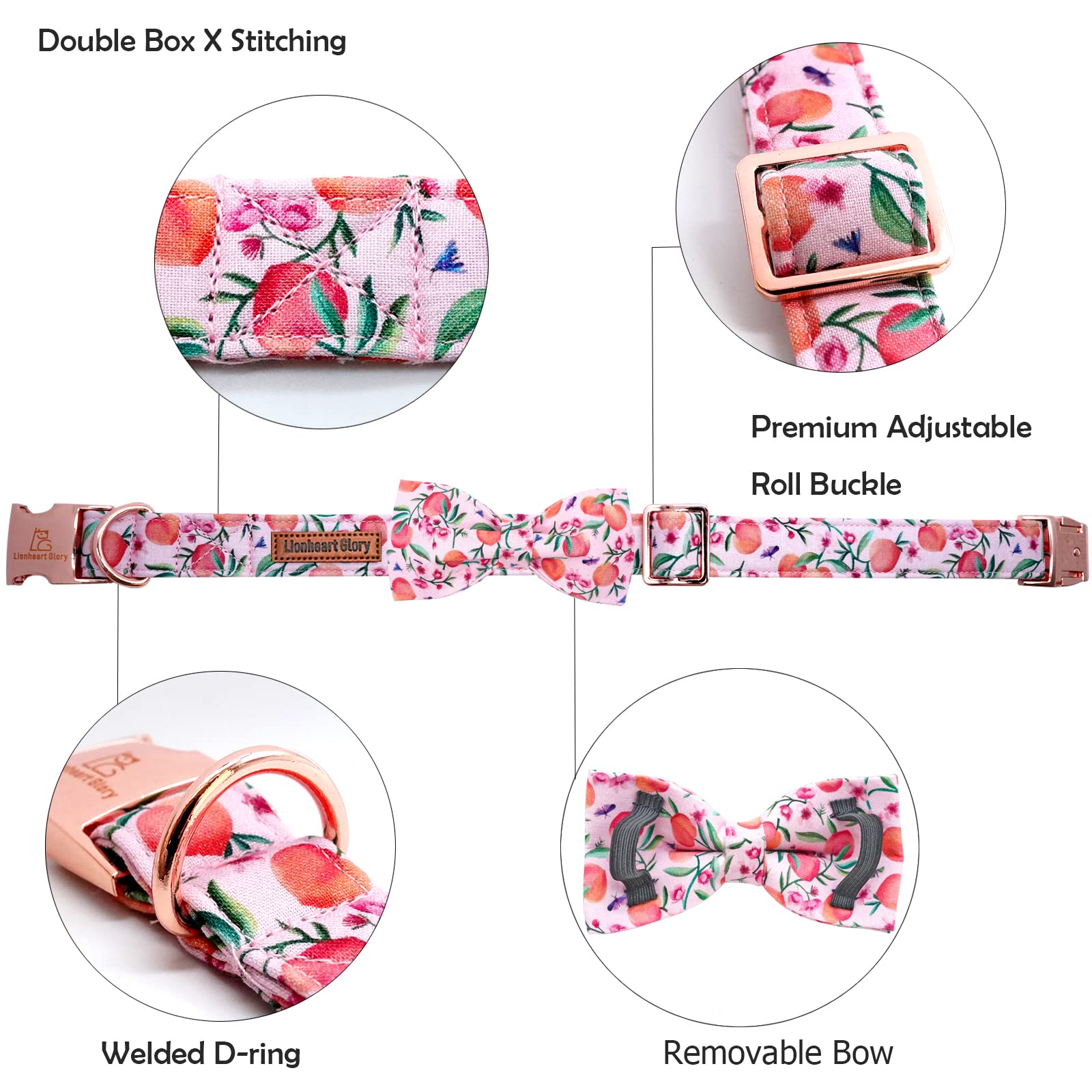 Lionheart glory Dog Collar with Bow Tie Pink Peach Dog Collar Girl Soft Durable Adjustable Puppy Gift Collar Bows Spring Collar