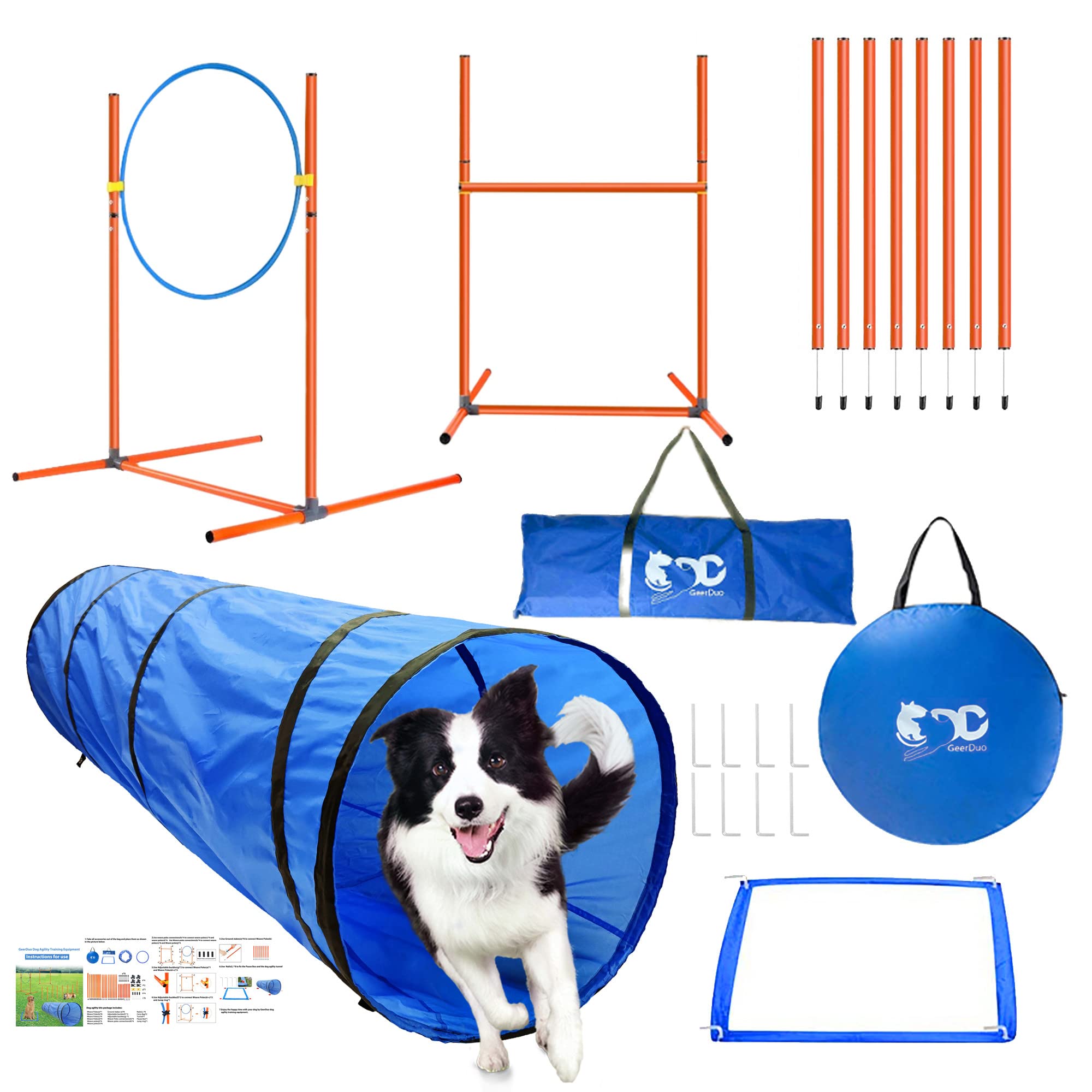 Geerduo Dog Agility Training Equipment, Obstacle Agility Training Starter Kit For Doggie, Including Tunnel, 27 Weave Poles, Adju