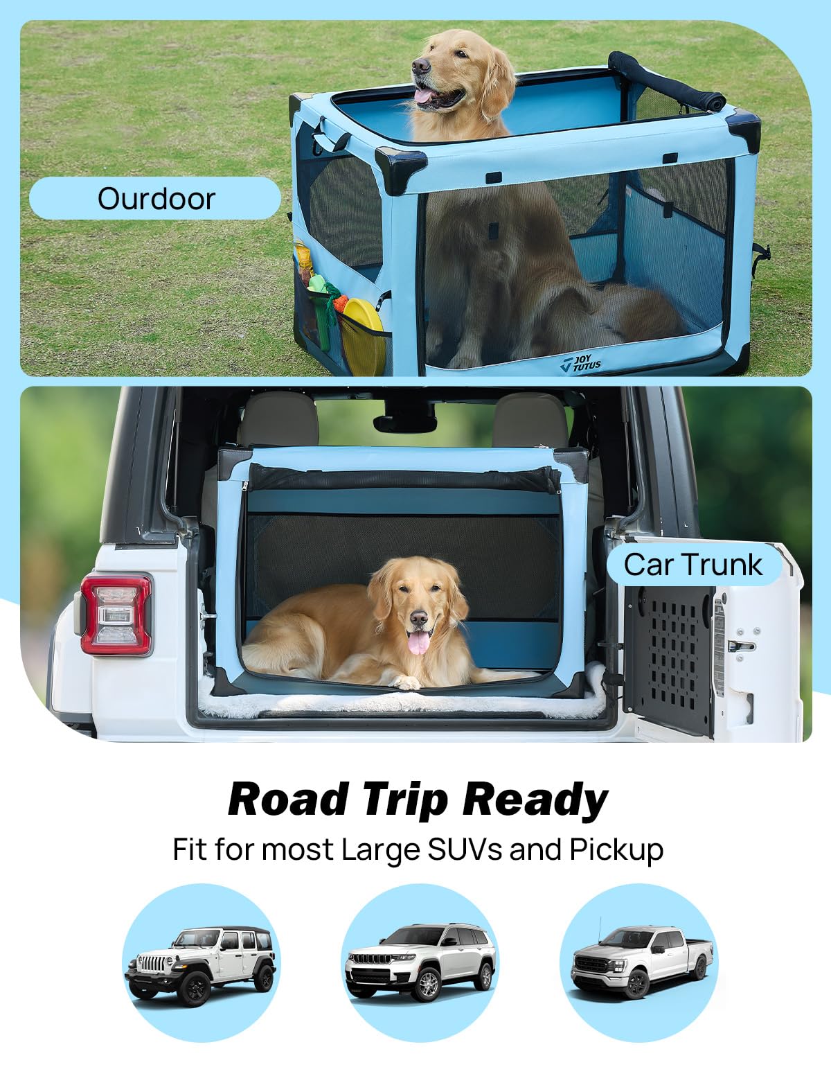 Joytutus Collapsible Dog Crate, 37 Inch Portable Pet Crate For Car, Travel Dog Kennel Foldable Dog Crate For Large Dog 70Lbs, So