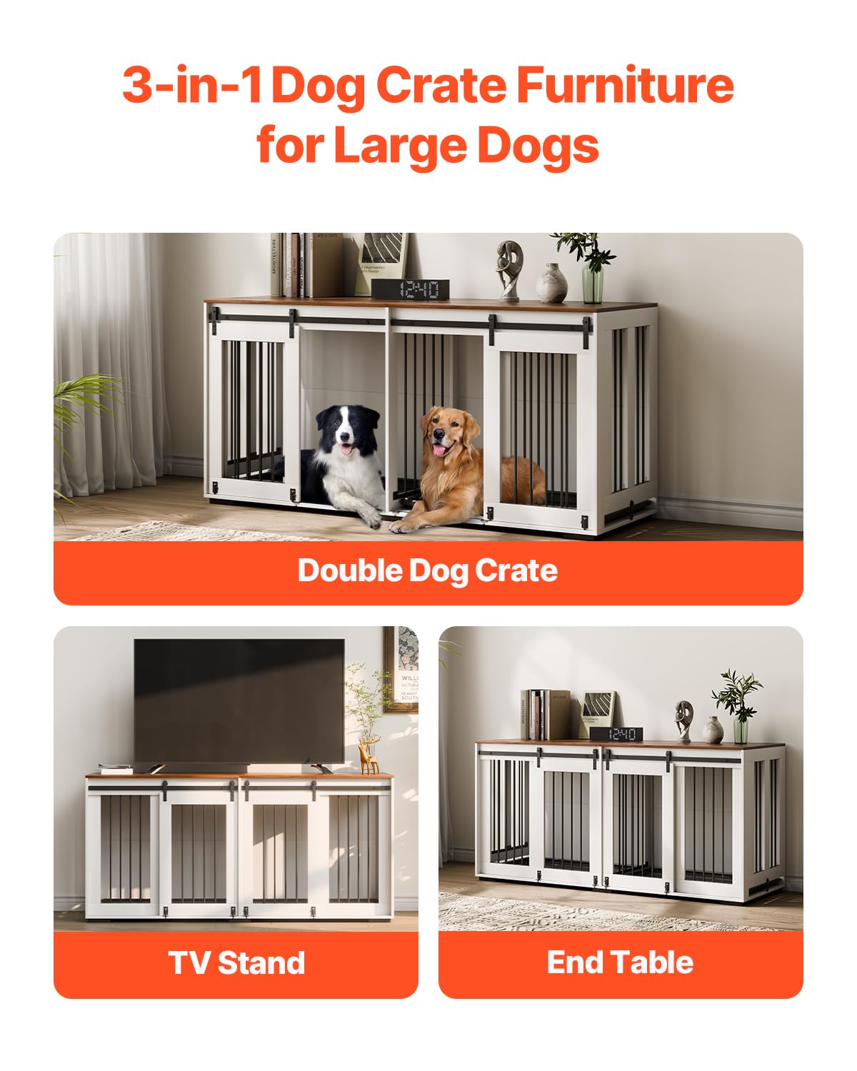 VEVOR 72Dog Crate Furniture for 2 Dogs,Double Dog Crate Furniture with Double Sliding Doors,Large Dog Crate TV Stand with Remova