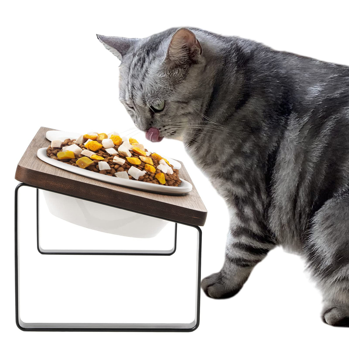 Elevated Cat Bowls, Raised Ceramic Cats Puppy Dishes For Food And Water, Tilted Bamboo Stand For Anti Vomiting, Indoor 5.5 Inch 