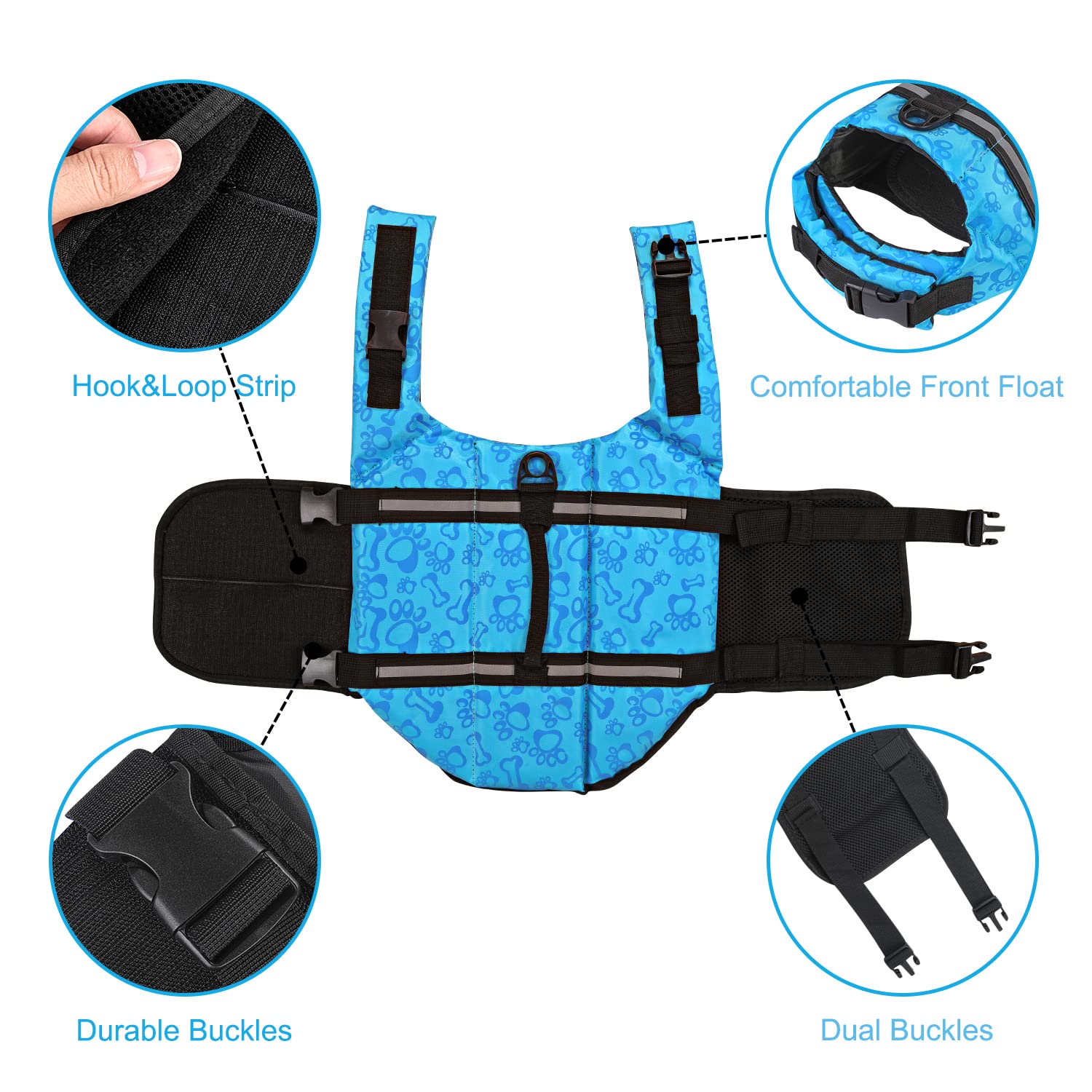 Haocoo Dog Life Jacket Vest Saver Safety Swimsuit Preserver With Reflective Stripes/Adjustable Belt Dogs?Blue Bone,Xxl