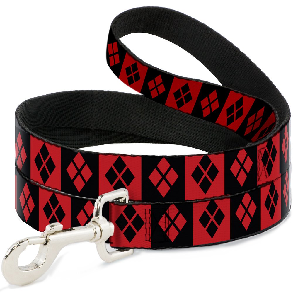 Buckle-Down Pet Leash - Harley Quinn Diamond Blocks Red/Black Black/Red - 4 Feet Long - 1'' Wide