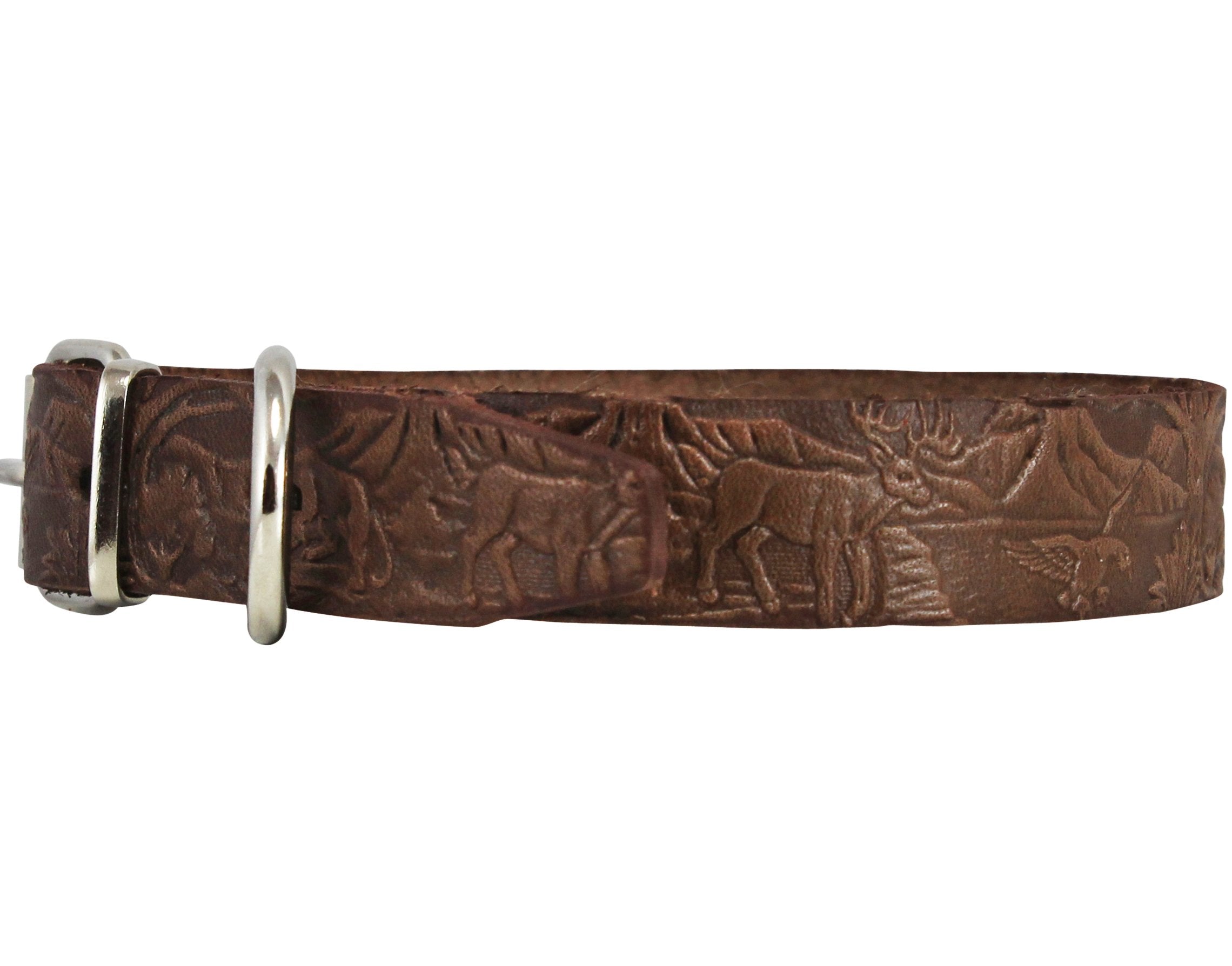 Genuine Tooled Leather Dog Collar Hunting Pattern Brown 3 Sizes (Neck Circumf: 10.5''-14''; 1'' Wide)