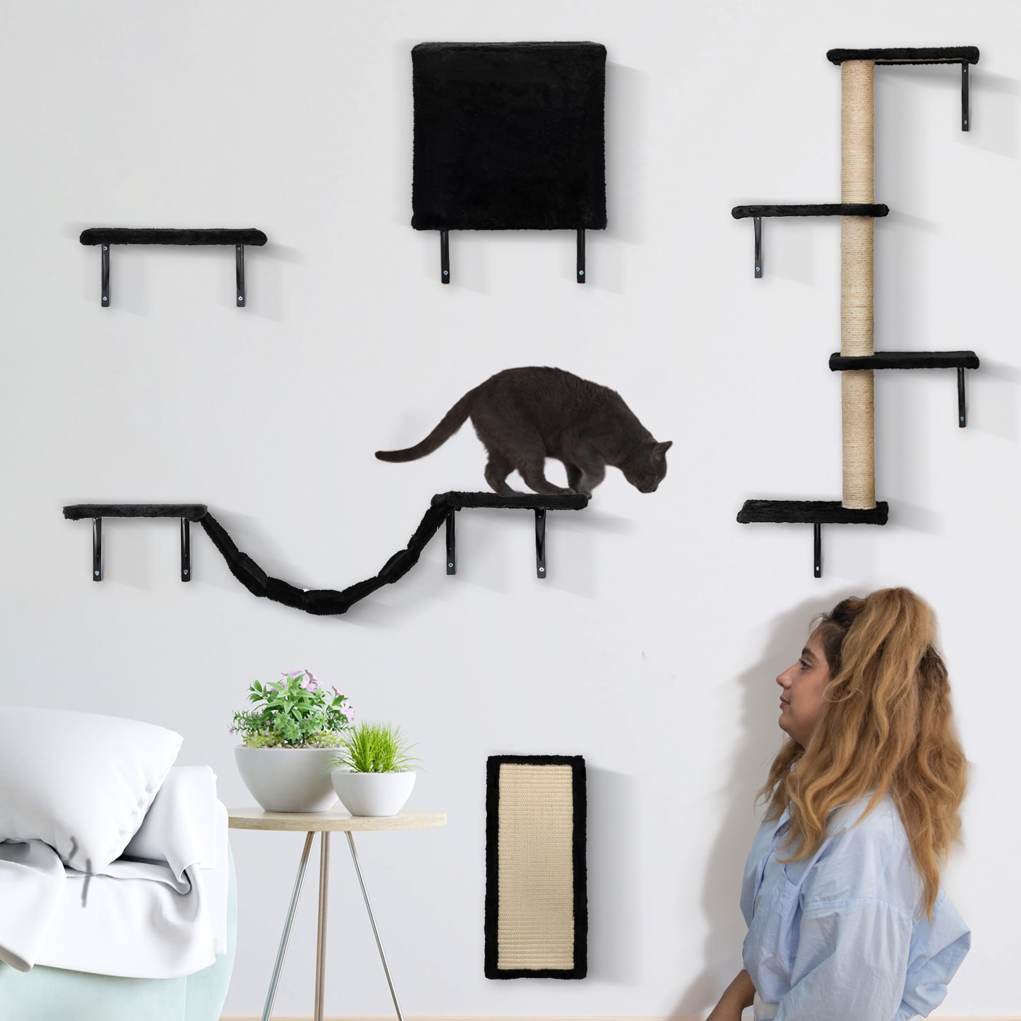COZIWOW Cat Wall Shelves and Mounted Perches,Climber Set with 5pcs Including Cat Scratching Post, Hanging Bed, House, Steps, Tre