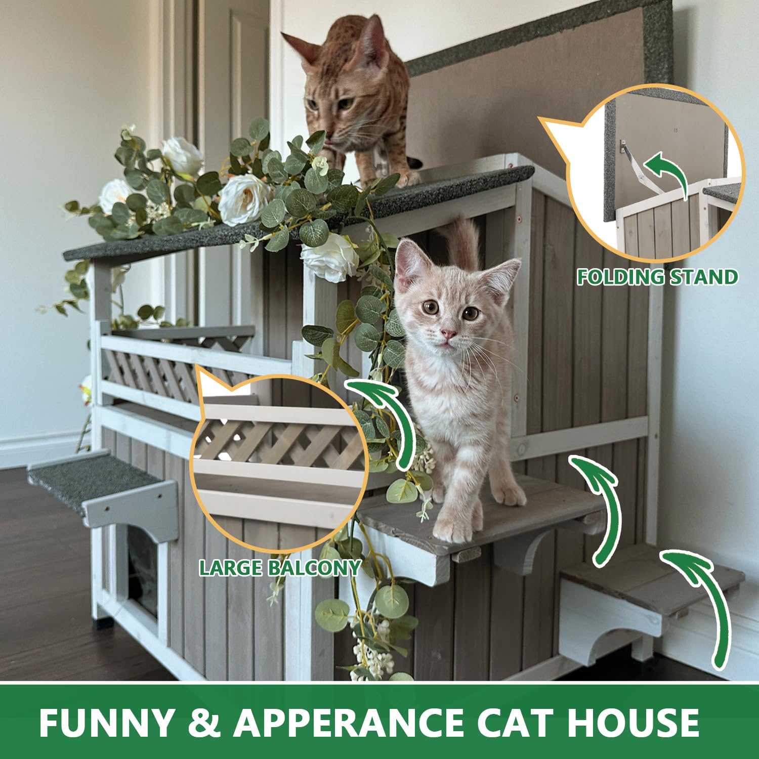 Petscosset Large Outdoor Cat House Weatherproof With Balcony 2-Story Feral Cats Shelter Indoor Cat Condo With Escape Door & Open
