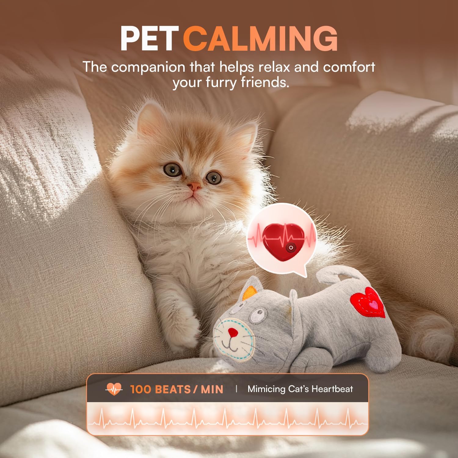 All For Paws Heartbeat Cat Plush Toy - Calming Kitten Companion With Realistic Heartbeat, Anxiety Relief For Indoor Cats Dogs Pe