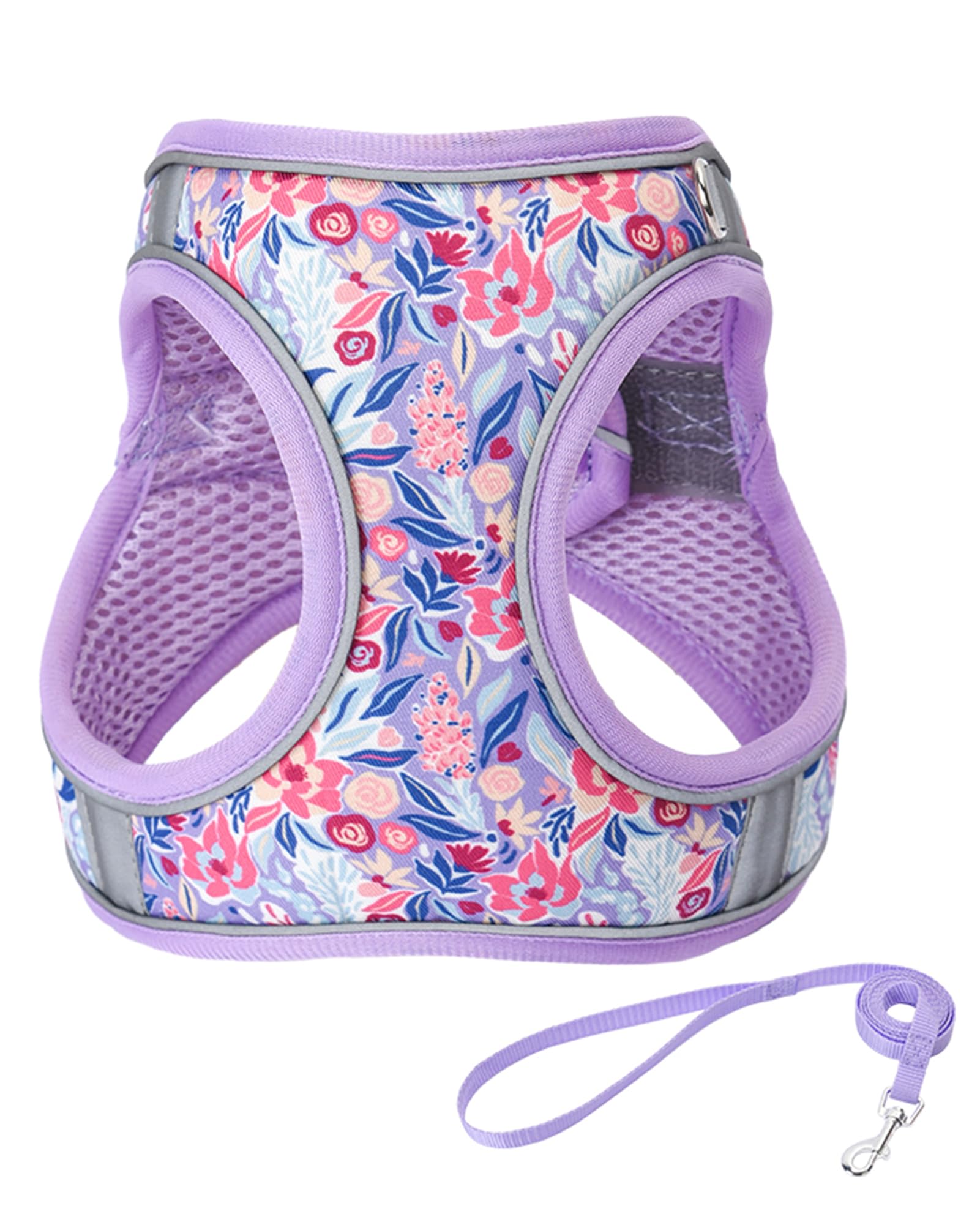 JUFOO M Light Purple Flower Pattern Dog Harness and Leash Set,No Escape Easy Walk Puppy Harnesses for Training Walking,Breathabl