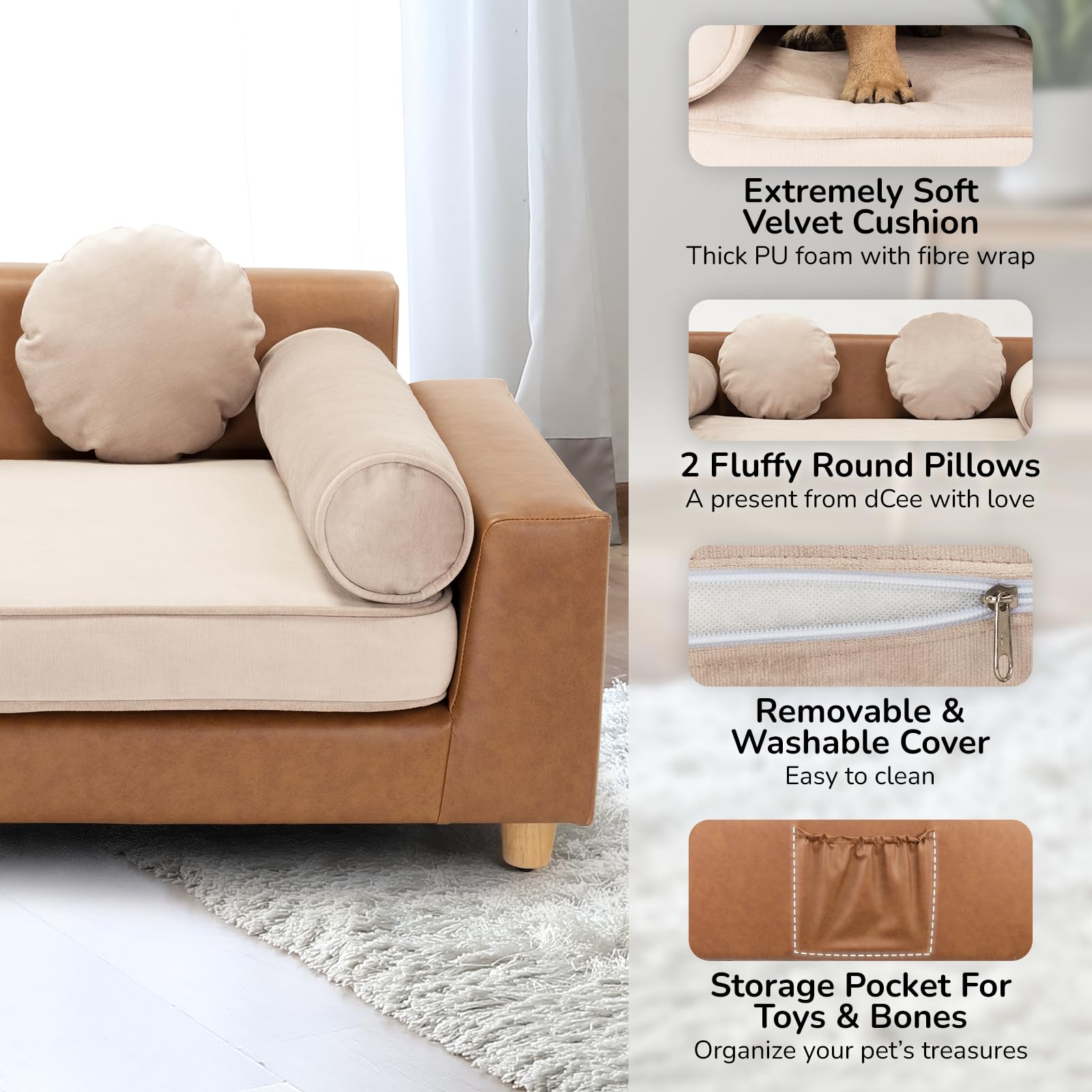 Dcee Luxury Large Dog Sofa Bed, Holds 160 Lbs, 42 In. Luxury Leather Dog Couches With Removable Washable Velvet Cushion For Comf