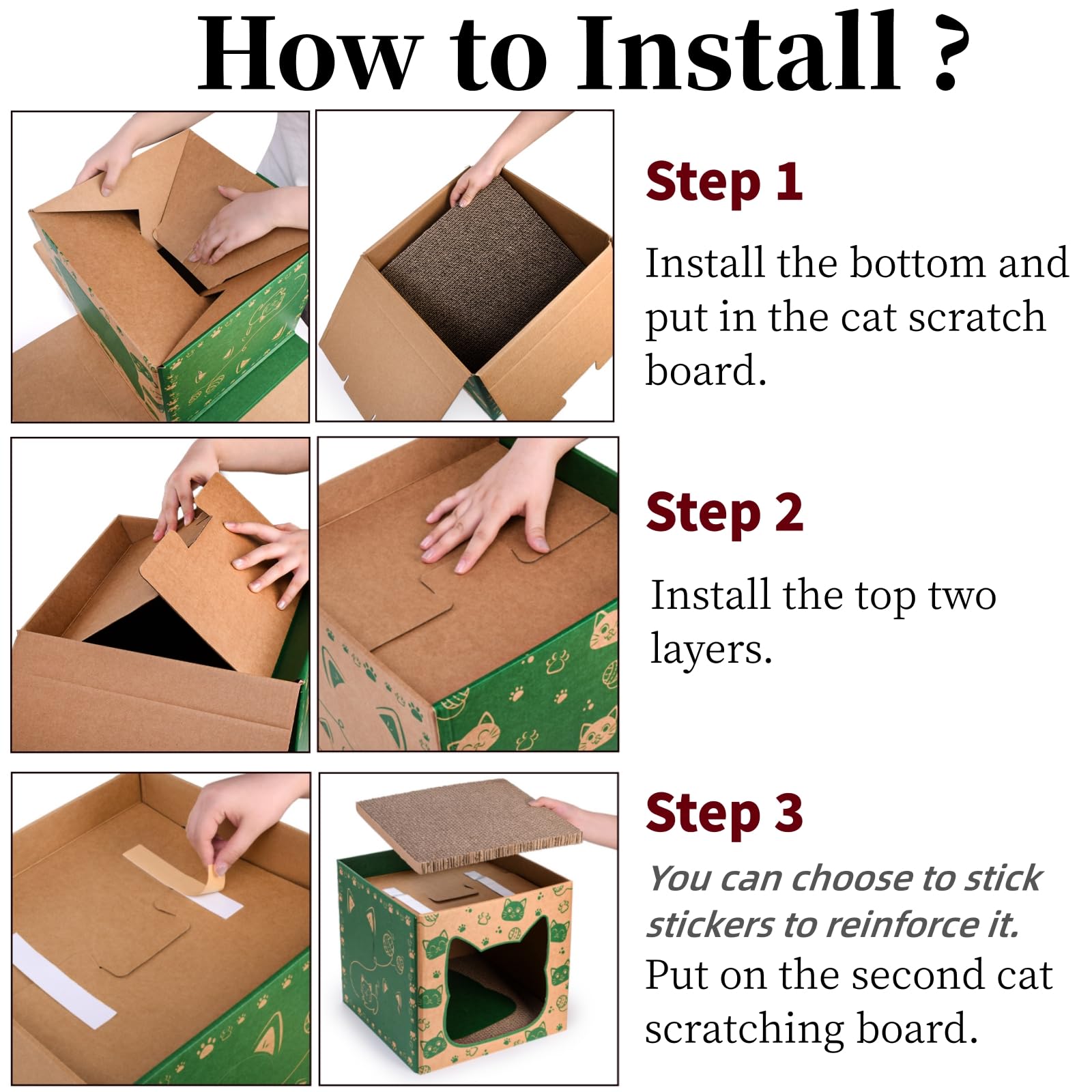 Pumtus 2 Pack Cardboard Cat Houses, Cat Play House With 2 Pcs Scratching Pad, Corrugated Cat Hideaway Cave, Cute Cat Condos Box,