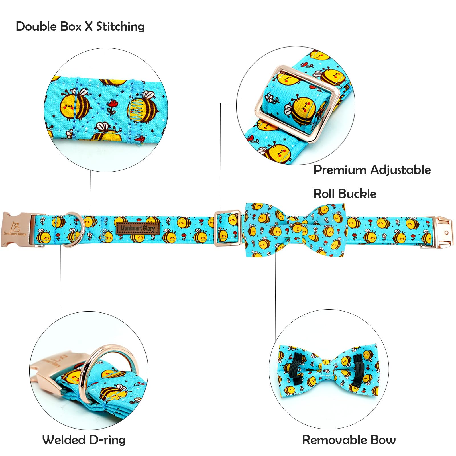 Lionheart Glory Dog Collar, Blue Dog Bow Collar Boy Girl Dog Collars With Bow Adjustable Bees Print Bowtie Collar For Small Dogs