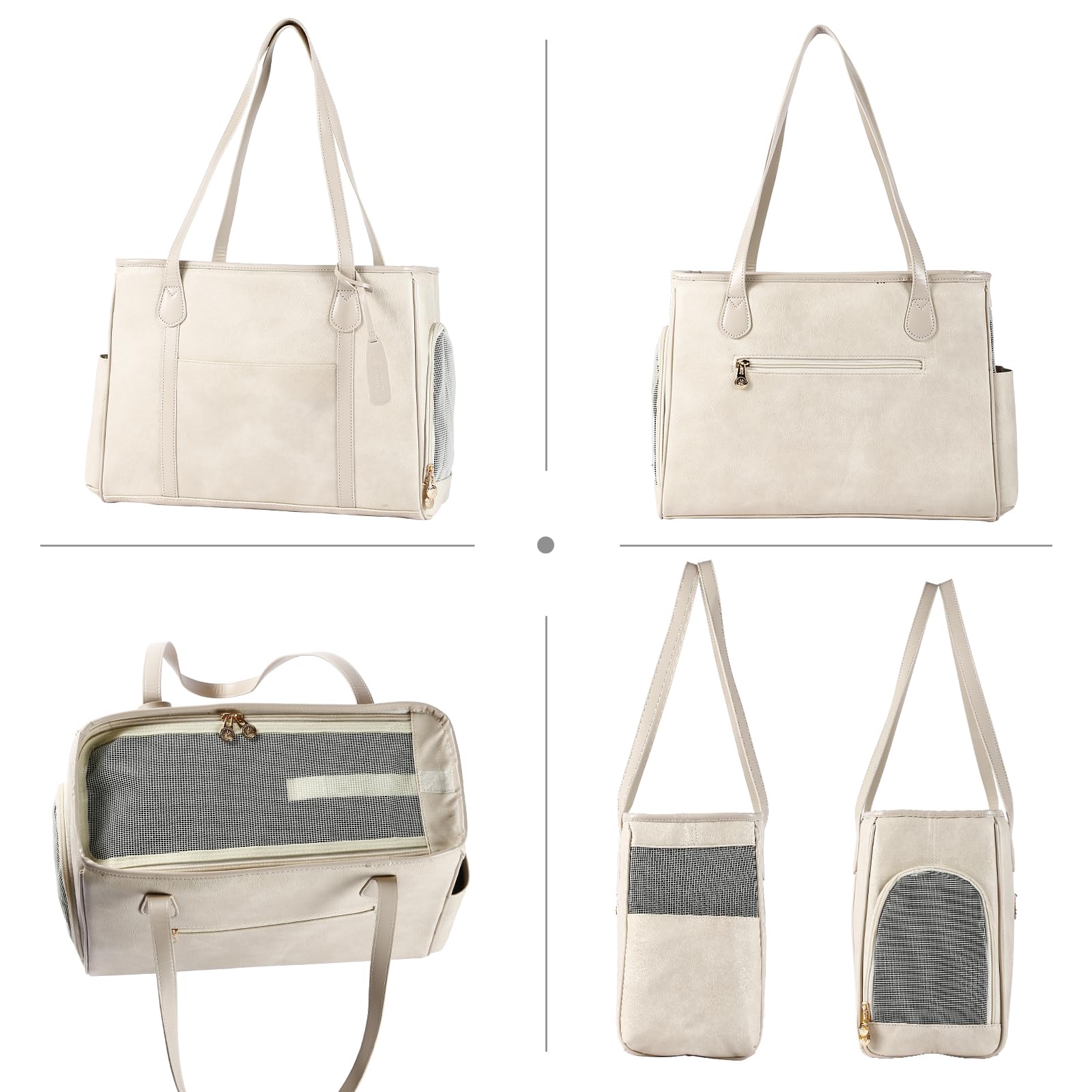 Monanller Stylish Dog Purse Carrier, Leather Pet Carrier Bag For Small Dogs Cats Puppy, Airline Approved Soft-Sided Carrier Beig