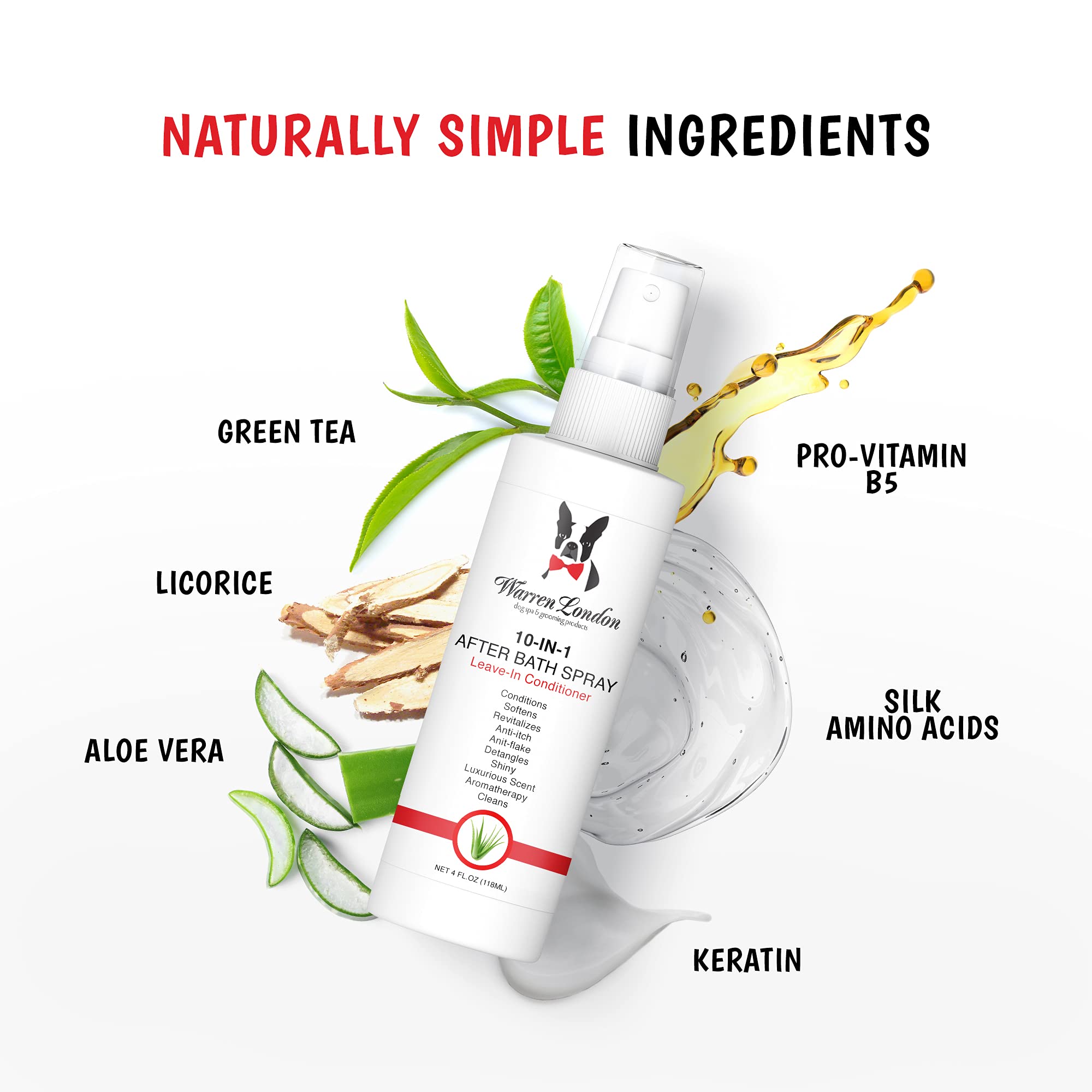 Warren London 10-In-1 After Bath Dog Spray | Dog Leave In Conditioner And Detangler Spray | Pet Grooming Spray With Aloe Vera, Silk Amino Acids And Green Tea Extract | Made In Usa | 4Oz