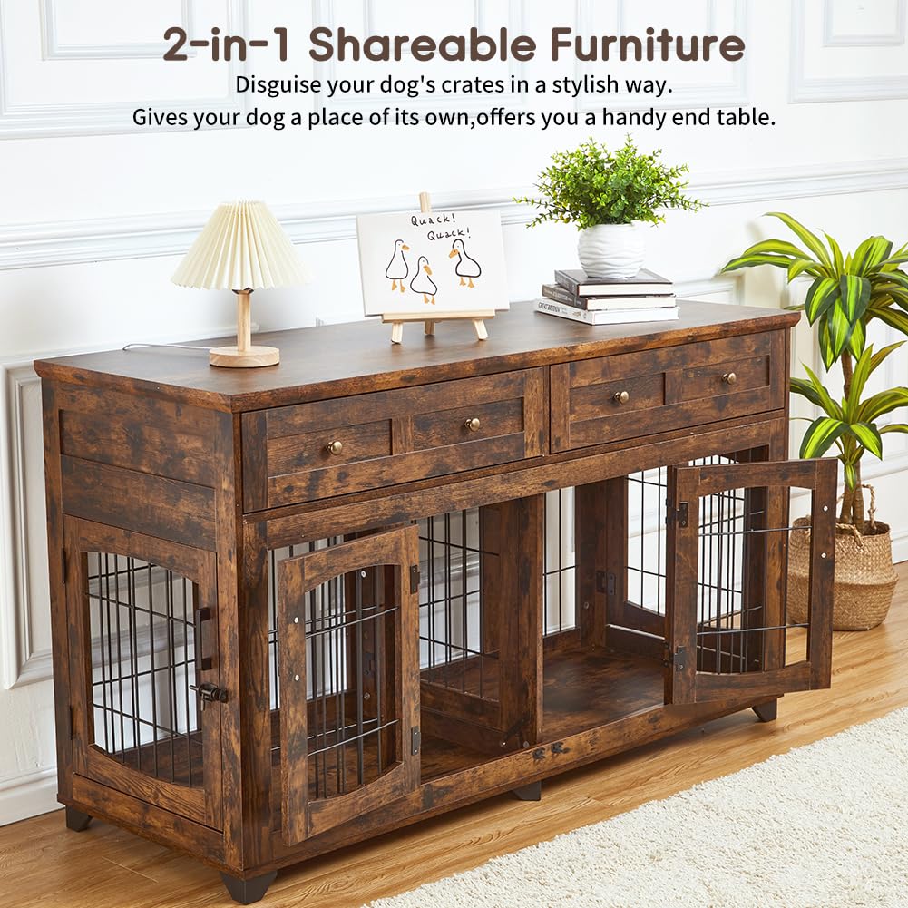 2 Rooms Dog Crate Furniture with Openable Partition,58 Wooden Dog Crate Table with 2 Drawers,5-Doors Dog Furniture,Indoor Dog Ke