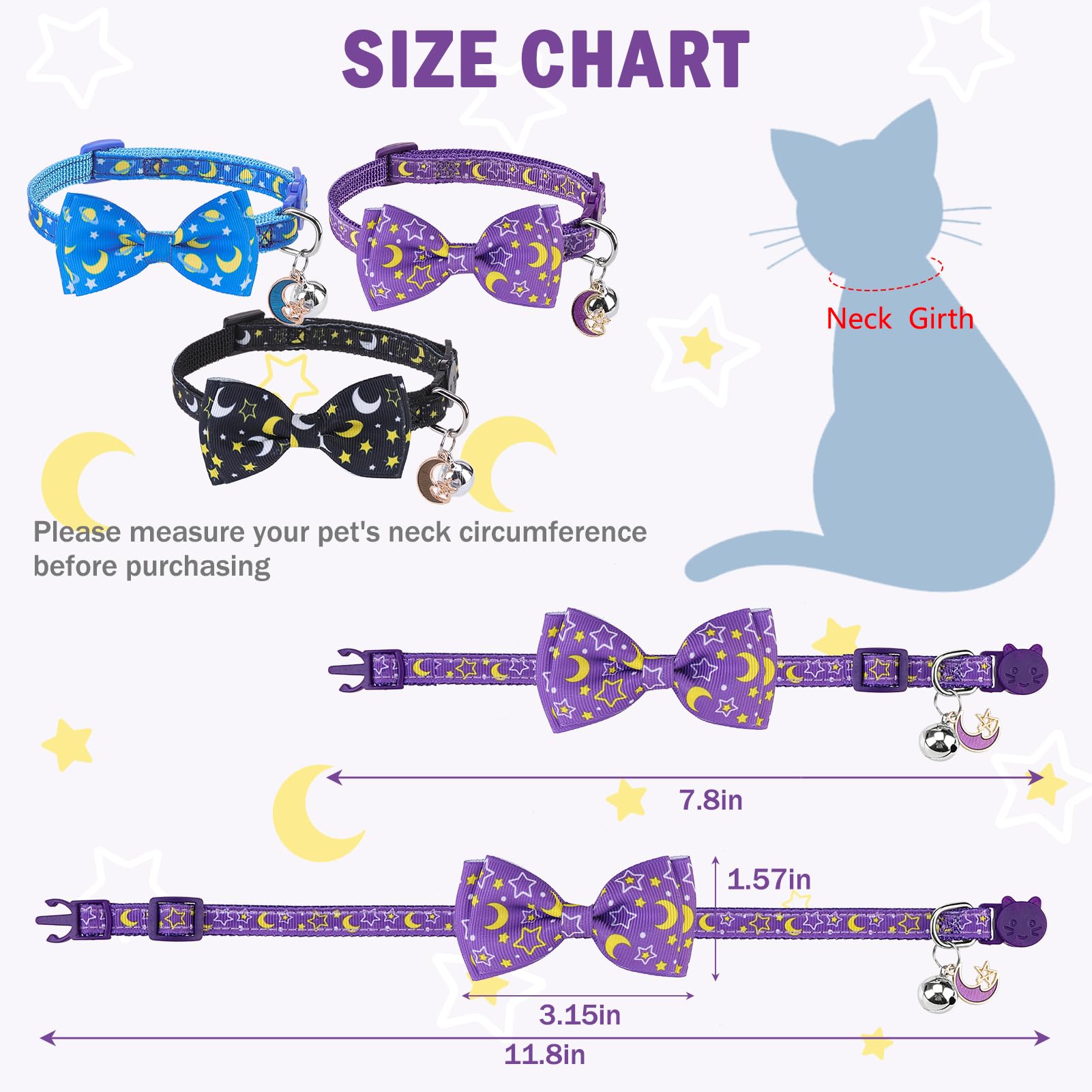 Scenereal Breakaway Cat Collar With Bell, 3 Pack Safety Adjustable Cat Collars With Pendant, Spring Summer Personalised Puppy Ki
