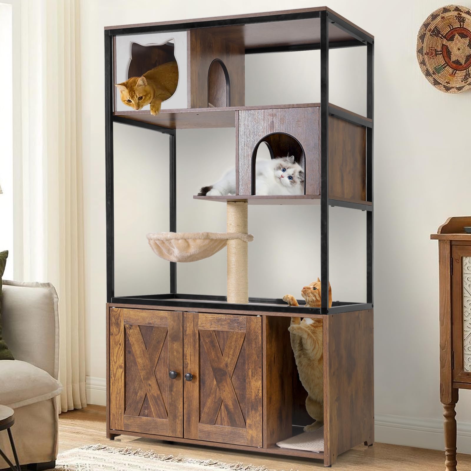 Gutinneen Cat Litter Box Enclosure Cat Tree With Hidden Litter Box Furniture Cat Tower Cat Condo With Cat Cave, Scratching Post,