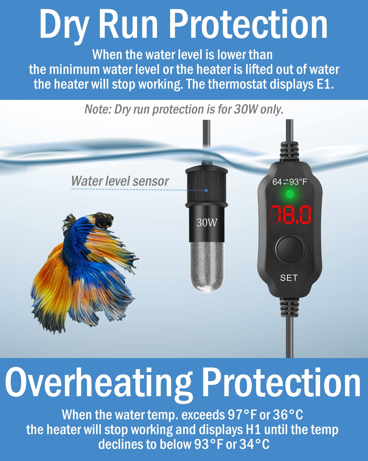 Aquamiracle Adjustable 30W Small Aquarium Heater Submersible Fish Tank Heater Betta Heater Turtle Heater Super Mini Aquarium Heater With Digital Display Thermostat, For 4-6 Gallon Tanks