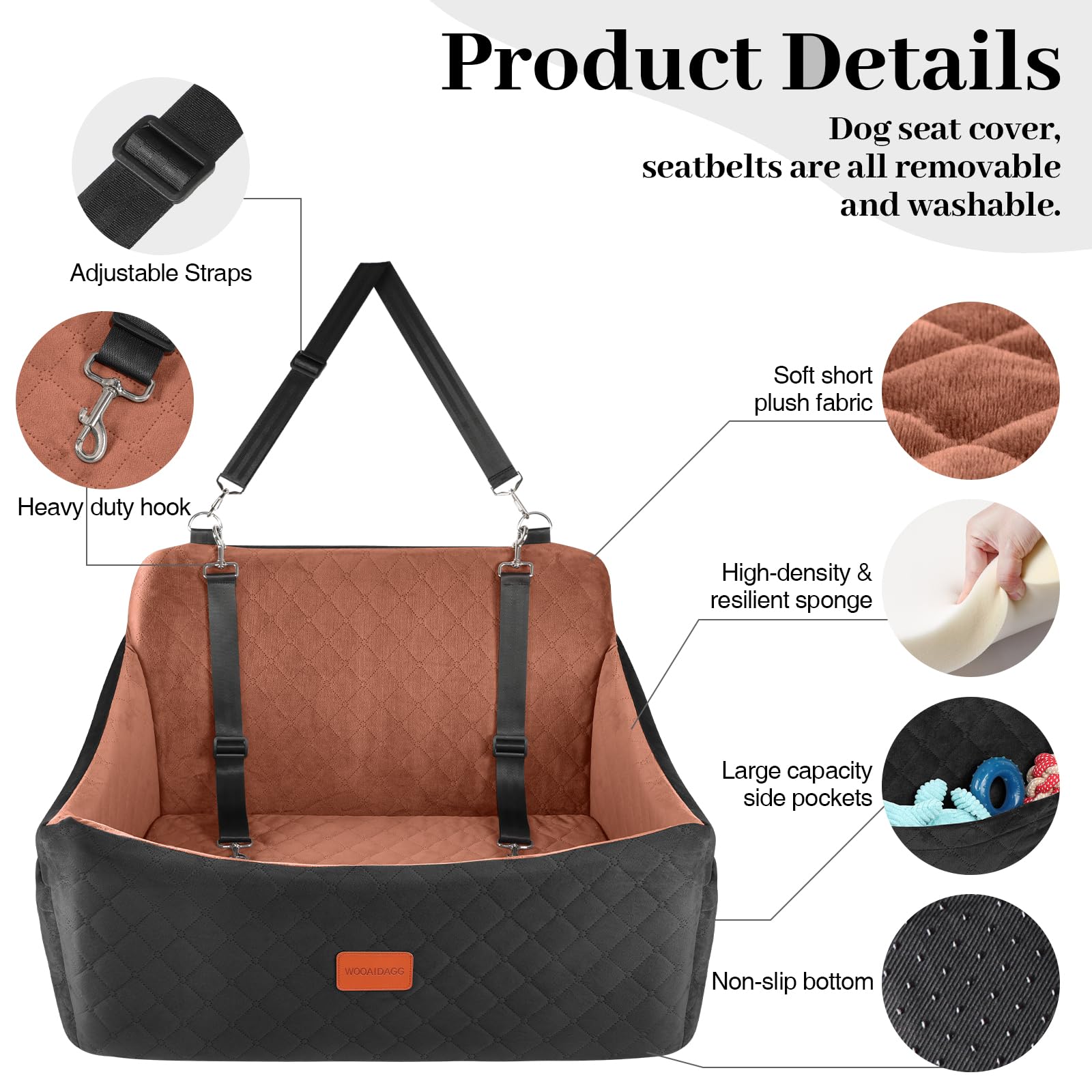 Wooaidagg Dog Car Seat for Medium & Large Dogs Up to 55lbs, Memory Foam Cushion, Washable Cover, Safety Straps & Non-Slip Bottom