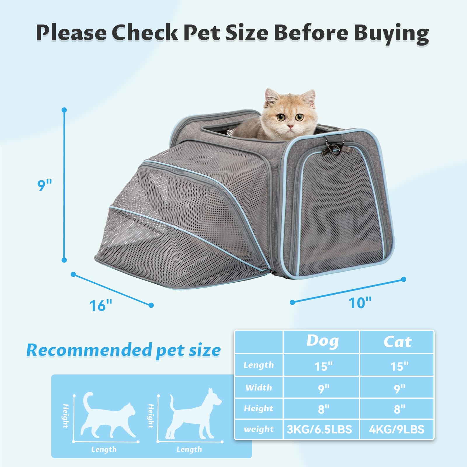 Petsfit Small Cat Carrier Soft Airline Approved Expandable Carrier For Kitten Puppy Bunny, 16''X10''X9