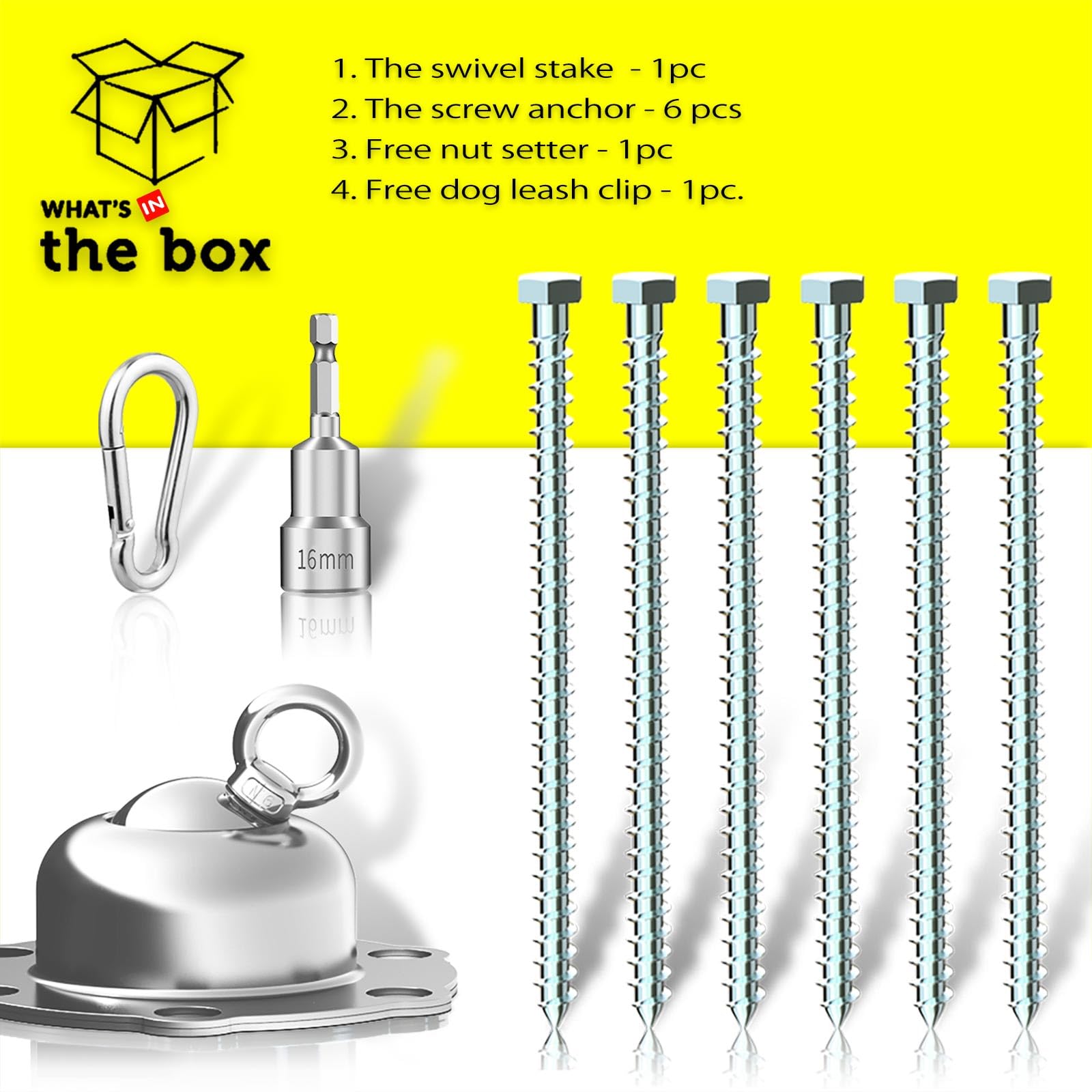 Meegood 360 Swivel Dog Tie Out Stake with Upgrade 6 Screw Dog Anchors, Heavy Duty & Rust Proof Dog Stake Can Holds 1000Lbs of Pu