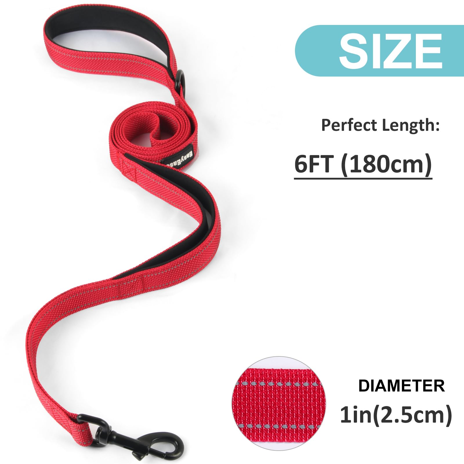 Easyease Dog Leash With 2 Comfortable Soft Padded Handles 6Ft Red Reflective Heavy Duty Pet Dog Walking Leashes Durable Dog Trai