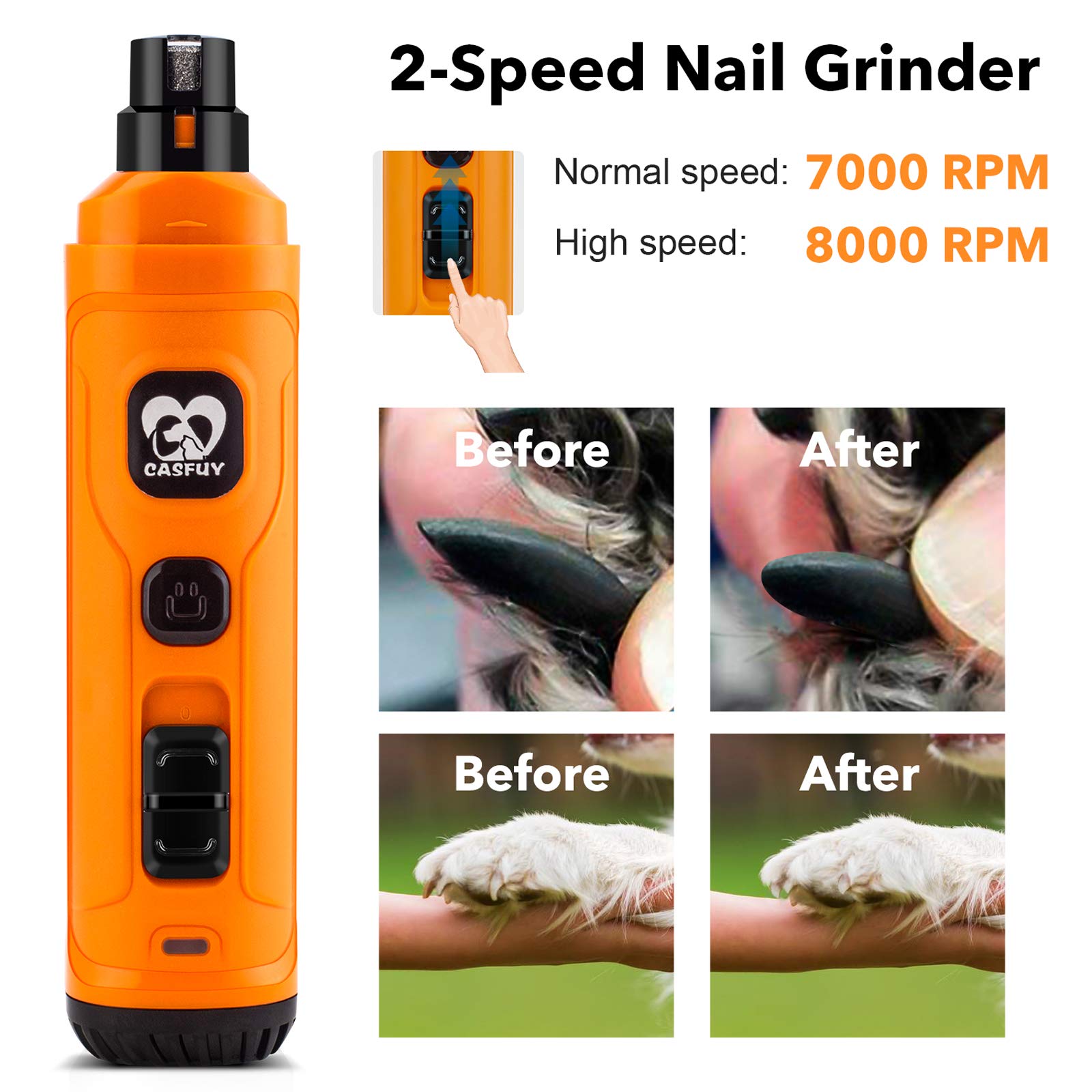 Casfuy Dog Nail Grinder With 2 Led Light - New Version 2-Speed Powerful Electric Pet Nail Trimmer Professional Quiet Painless Paws Grooming & Smoothing For Small Medium Large Dogs And Cats (Orange)