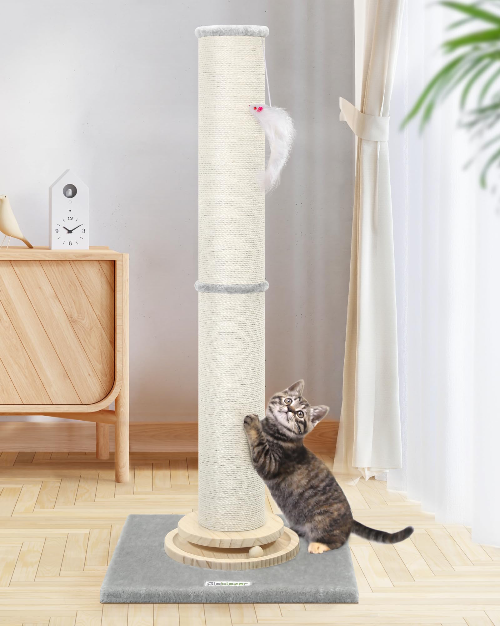 Globlazer Sc35 Extra Thick Large Scratching Post For Indoor Cats Adults And Kittens, 35In Tall Natural Sisal Rope Scratcher Post