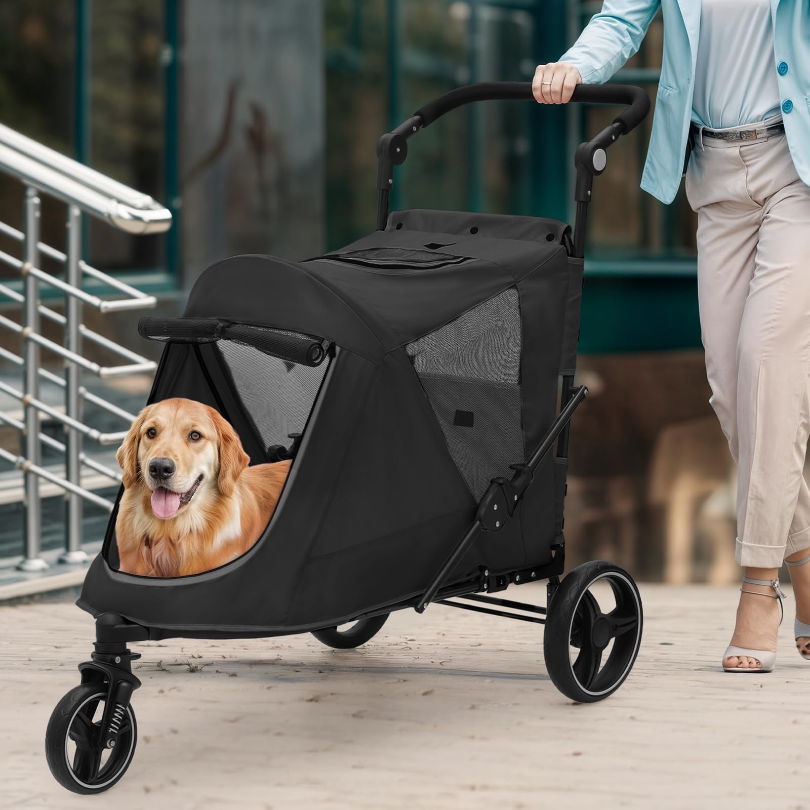 Magshion Pet Stroller For Medium Dogs W/Adjustable Handle, 3-Wheel Dog Cat Wagon W/Dual Entry, Rear Storage, Breathable Mesh, On