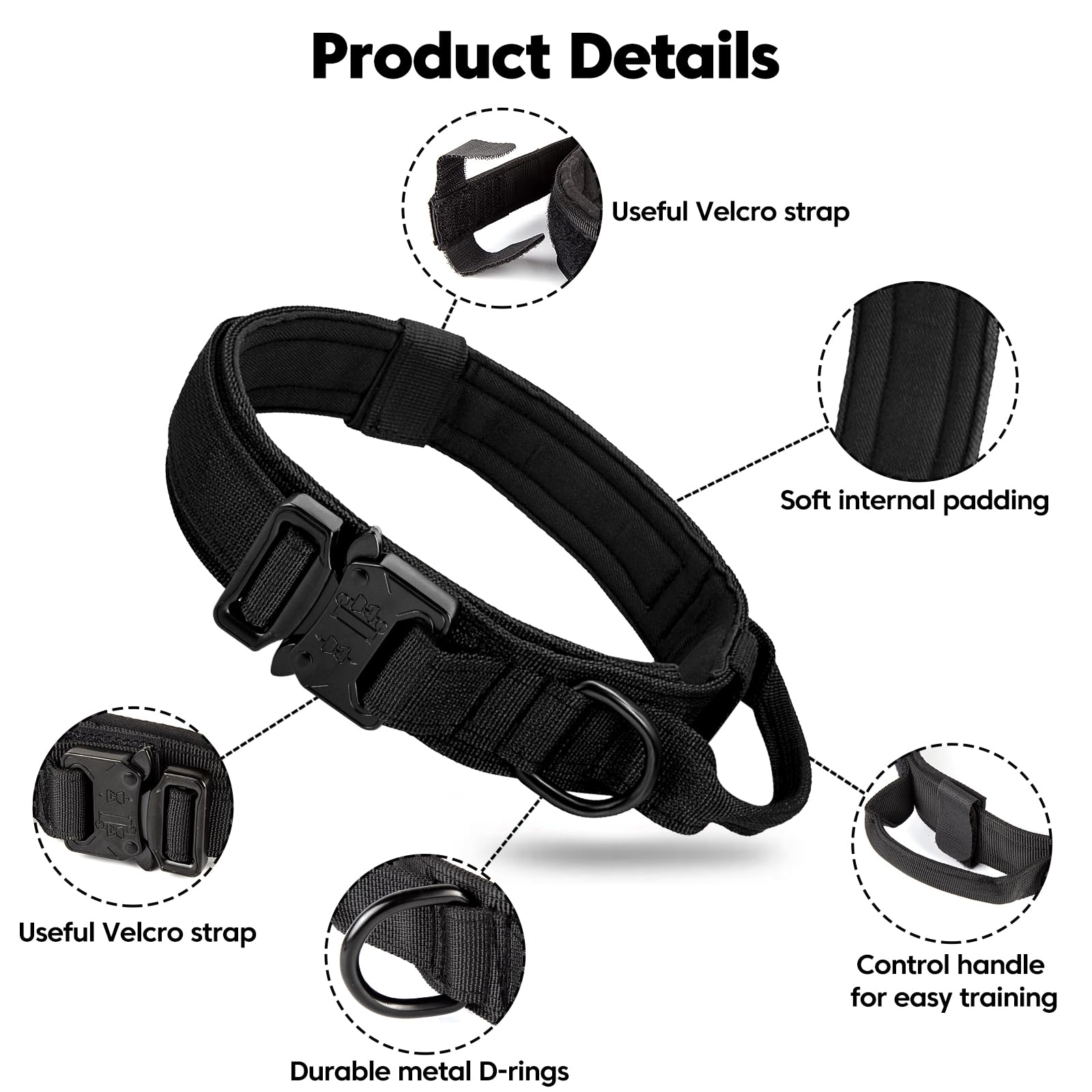 Tactical Military Dog Collar - Adjustable Nylon With Control Handle, Heavy Duty Metal Buckle - Medium & Large Dogs, Airtag Case