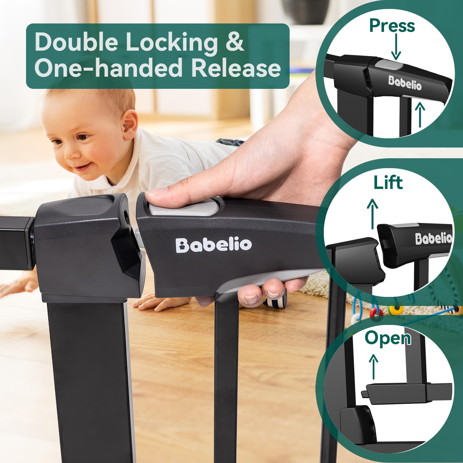 Babelio 36' Tall Baby Gate, 26-40' Wide Auto Close Pet Gate, Pressure Mounted Metal Dog Gate, Easy-Install No Drilling, No Tools Required, With Wall Protectors And Extension Kits, Black