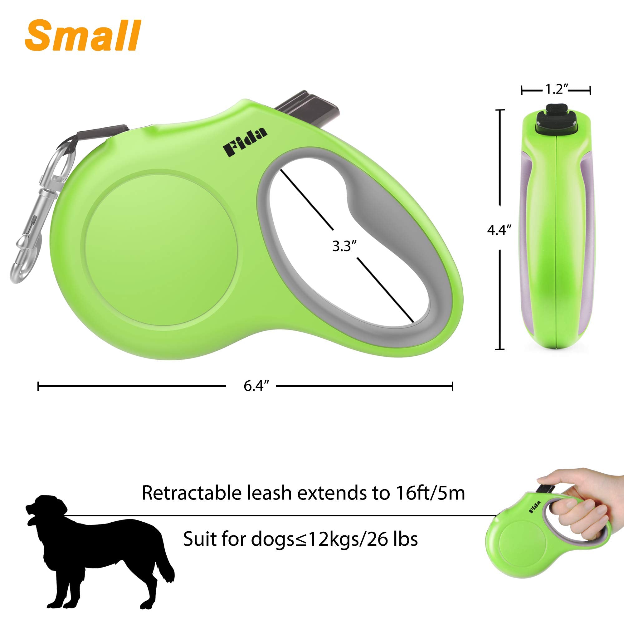 Fida Retractable Dog Leash With Dispenser And Poop Bags, 16 Ft Pet Walking Leash For Small Dog Or Cat Up To 26 Lbs, Anti-Slip Handle, Tangle Free, Reflective Nylon Tape (S, Green)