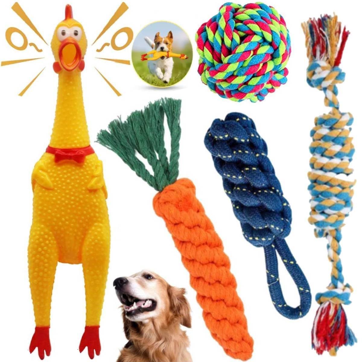 YOUHAVEDEAL Dog Rope Combo 5 in 1 Toys + Squeaky Chew Natural Latex Rubber Squeaky Chicken Toy (Large) | Interactive Toys for Me