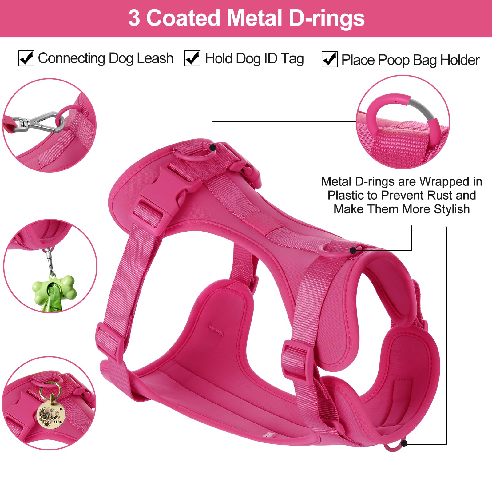Wisedog No Pull Lightweight Dog Vest Harness With Soft And Comfortable Cushion, Breathable Mesh, For Small Medium Large Dogs Walking (S(Neck: 9.84'-14.17';Chest: 14.17'-22.05'), Peacock Pink)