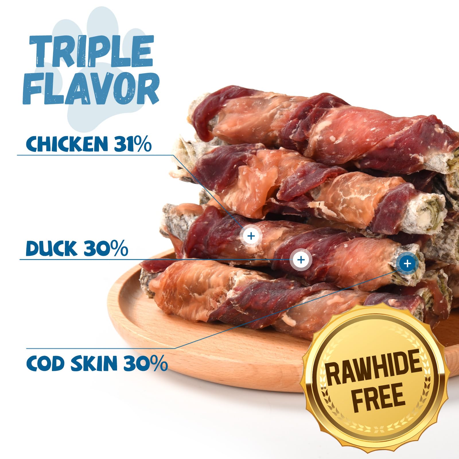 Pawmate Dog Treats, Chicken Duck Wrapped Cod Skin Sticks, Rawhide-Free, Grain-Free Dog Chewy Treats for Healthy Teeth and Coat,T