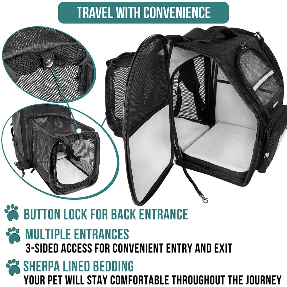 PetAmi Expandable Dog Cat Backpack Carrier, Airline Approved, Soft Back Support, Black, for Small Medium Dogs & Large Cats, 18 lbs