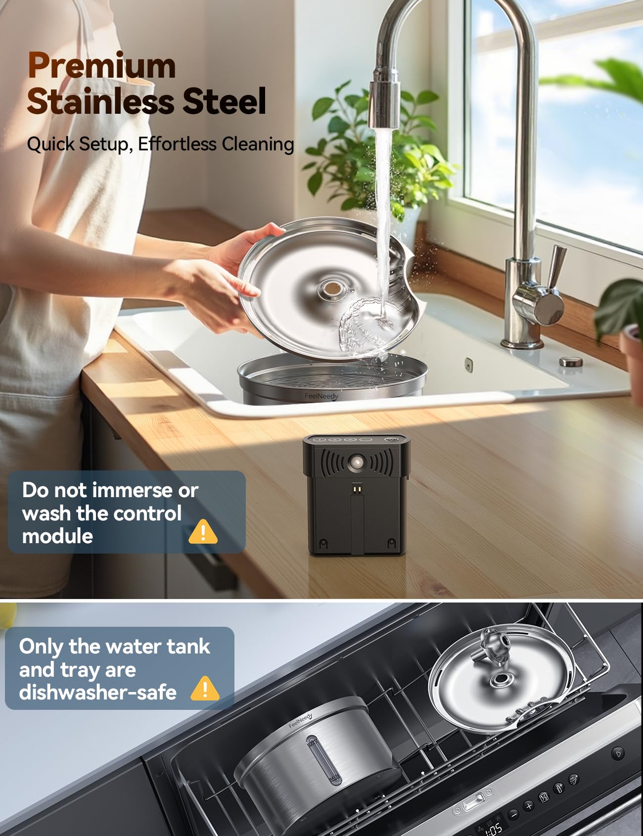 Feelneedy Cordless Cat Water Fountain Stainless Steel With Motion Sensor, Water-Battery Separation Safety Design,4000Mah Battery