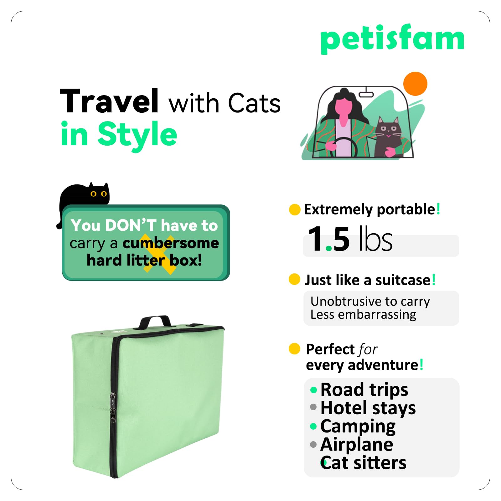 petisfam Portable Travel Litter Box for Easy Drive with Kitty, Large or Multiple Cats. Lightweight for Easy Carry, Sturdy, Leak-
