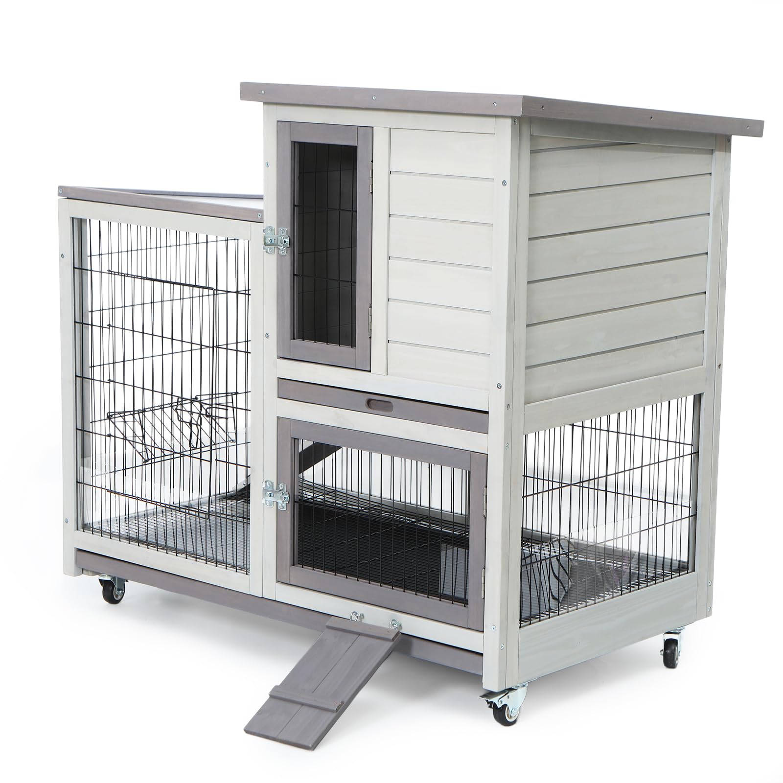 Funxplore Rabbit Hutch Indoor 2 Storey Bunny Cage Outdoor Mobile Guinea Pig Cage Urine Baffles Bottom Wire Floor 2 Trays Metal F