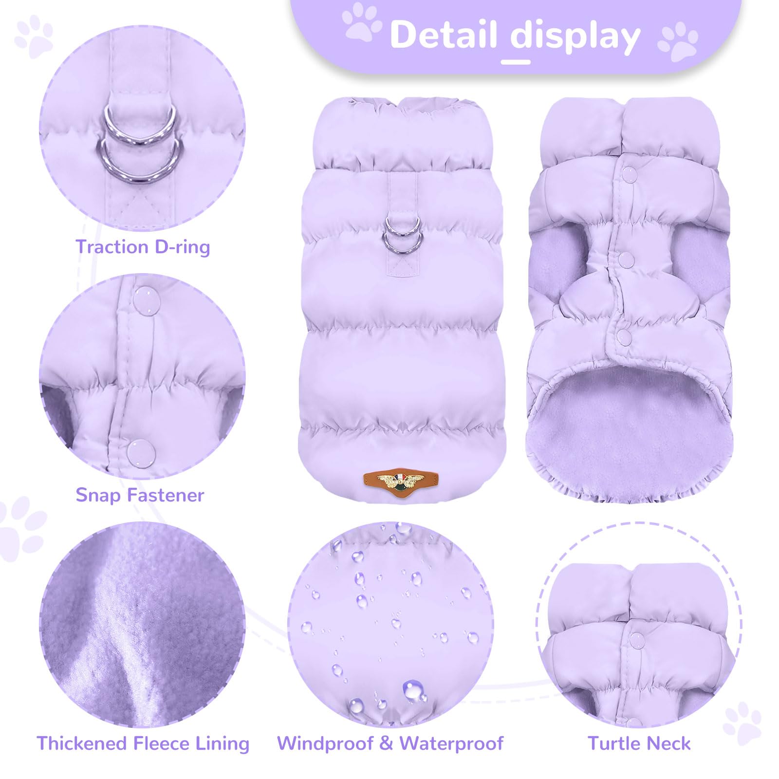 Abrrlo Winter Warm Cat & Dog Jacket - Small/Medium, Purple, Waterproof & Windproof, Fleece Vest With Harness Padded For Cold Wea