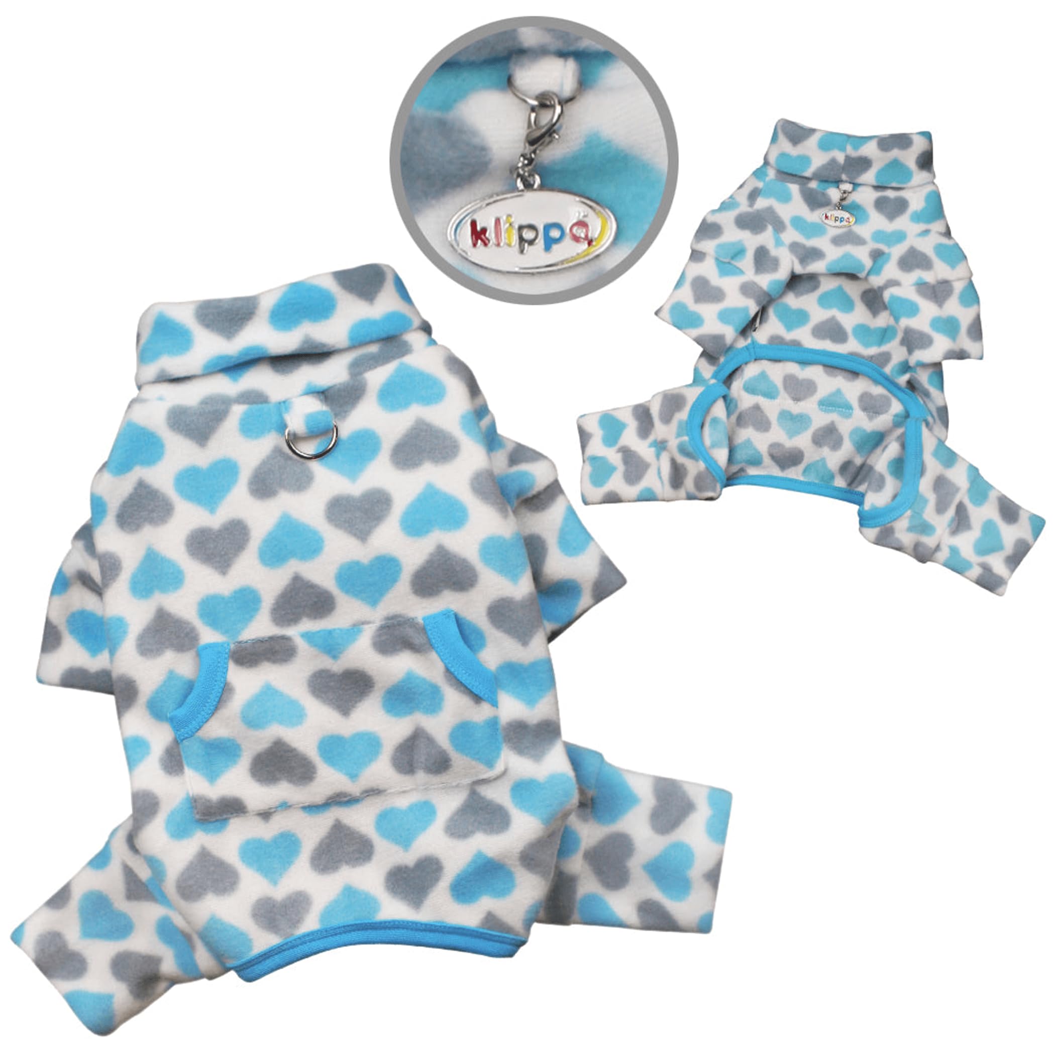 Klippo Dog/Puppy Blue & Grey Hearts Fleece Turtleneck Pajamas/Bodysuit/Loungewear/Coverall/Jumper/Romper For Small Breeds (M)