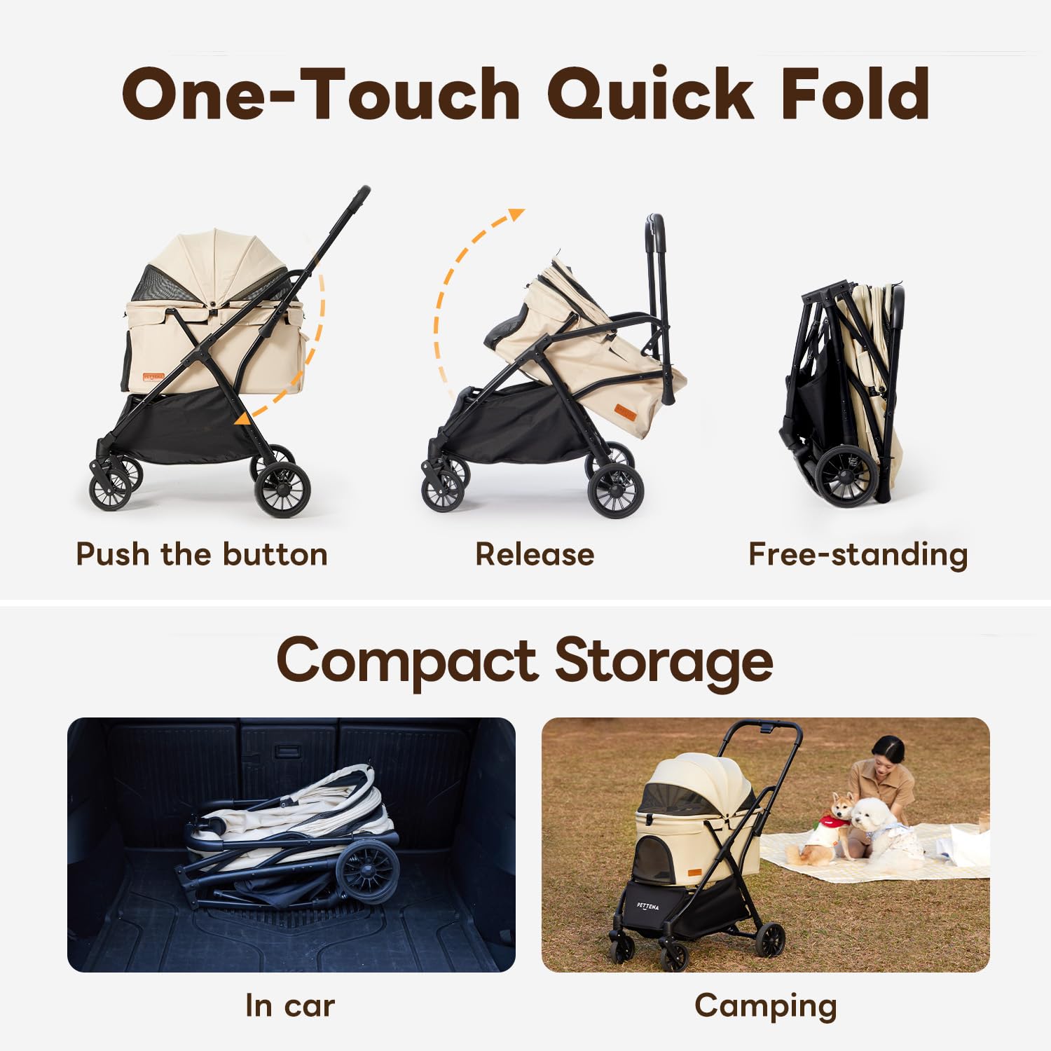 ?One-Pull Open Ver.? Pettena Dog Stroller For 2 Dogs, One-Touch Foldable Dog Stroller For Small/Medium Dogs Cats Up To 55 Lbs, K