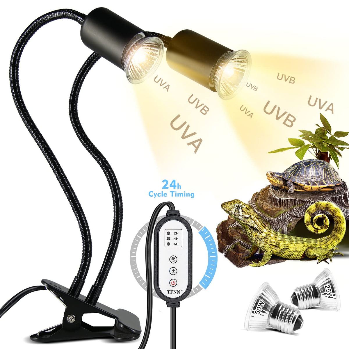 Tfnn Reptile Heat Lamp, Double-Head Heat Lamp With Clamp, Uva Uvb Reptile Light With Intelligent Cycle Timer For Turtle, Bearded Dragon, Lizard And More, 2 Bulbs 25W+50W