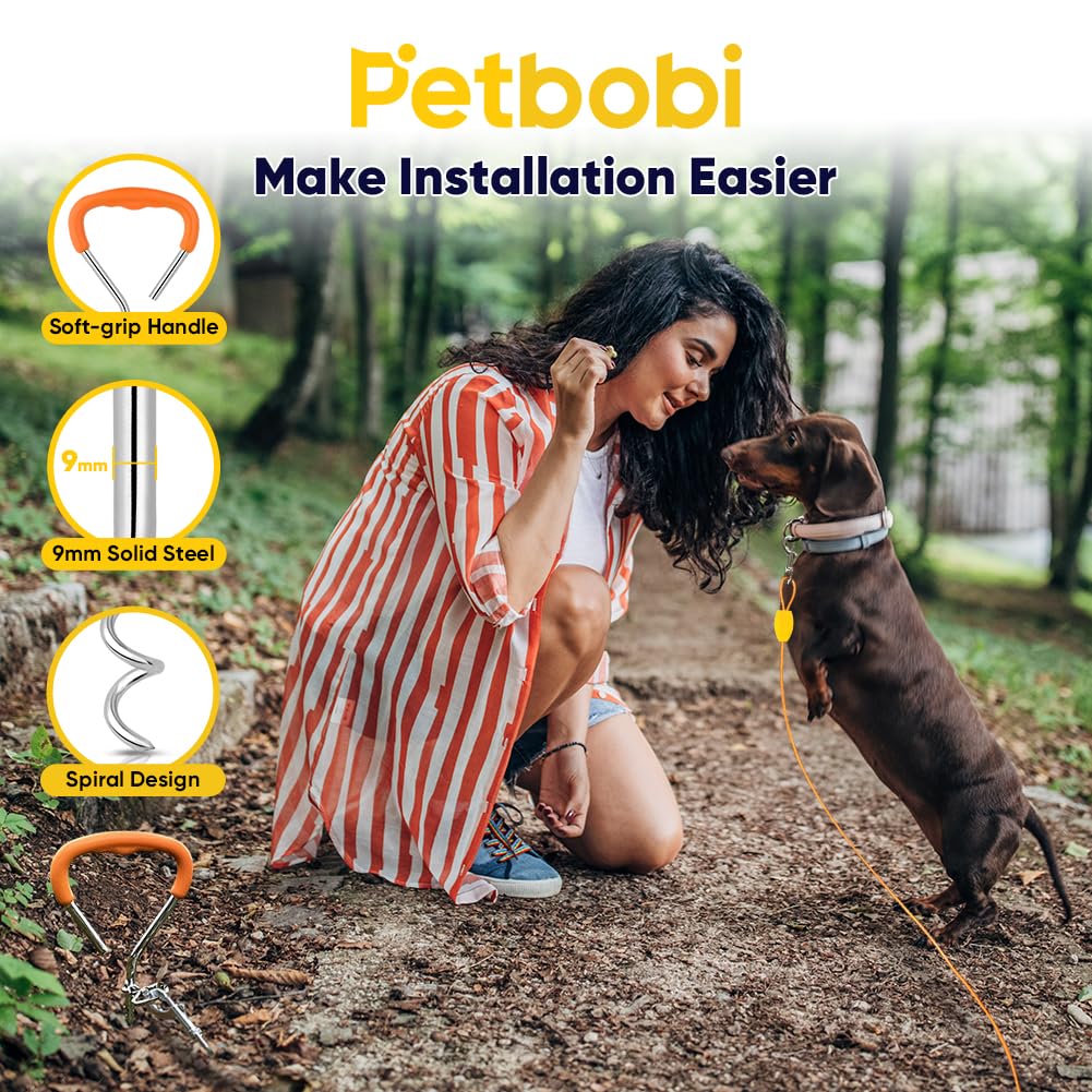 Petbobi Dog Tie-Out Cable And Stake - 15Ft Heavy Duty Cable, No Tangle, 16In Ground Stake, Ideal For Yard, Camping And Beach, Su