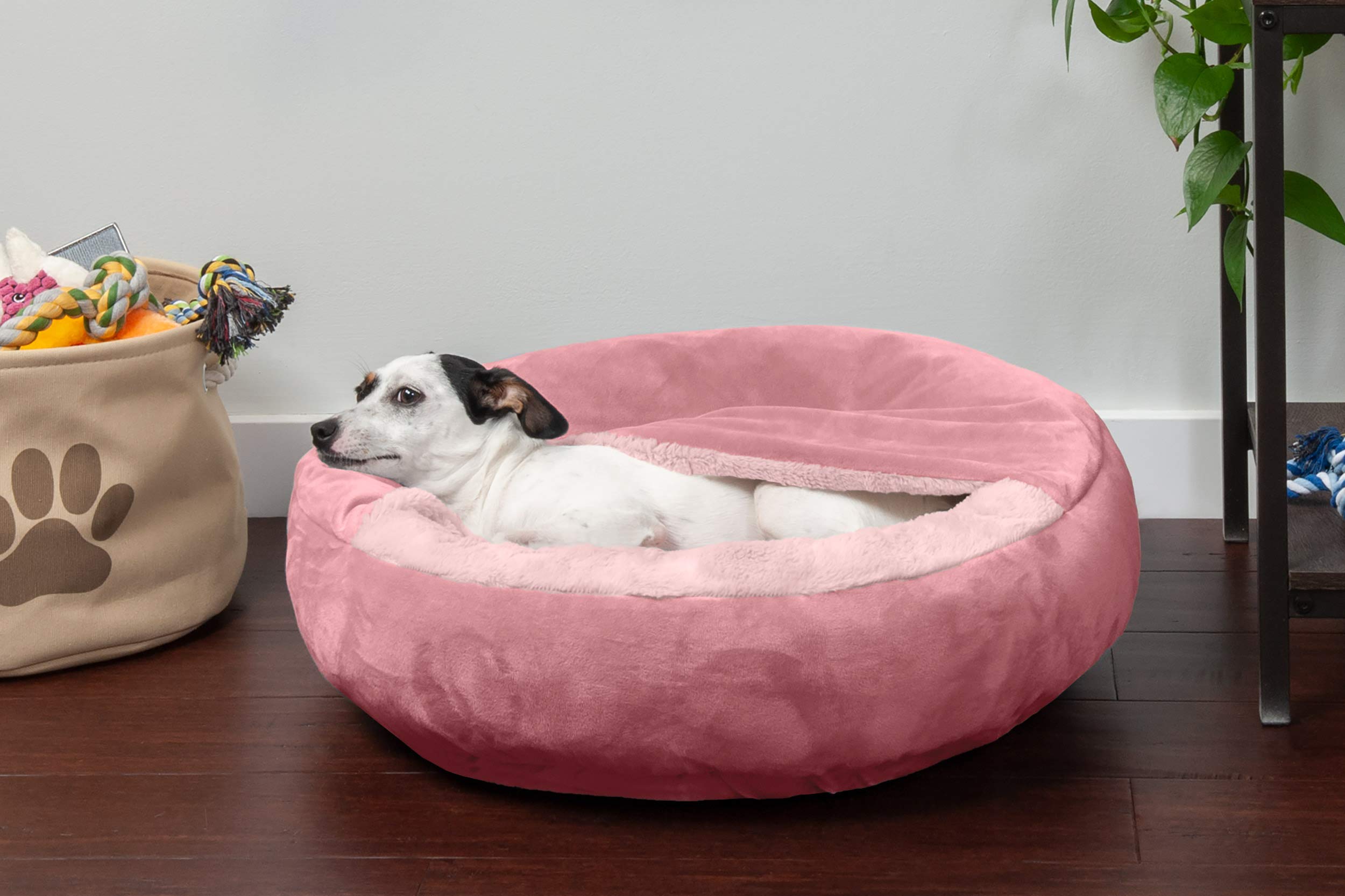 Furhaven 24 Round Calming Donut Dog Bed for Indoor Cats & Small Dogs, Washable, For Dogs Up to 20 lbs - Plush Velvet Waves Hoode