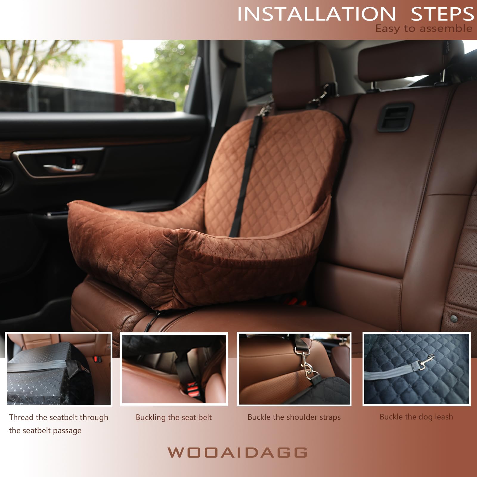 WOOAIDAGG Dog Car Seat for Small Dogs,Easy to Assemble,Comfy Cushion Fill in Memory Foam,2 Clip-On Safety Leashes and Storage Po
